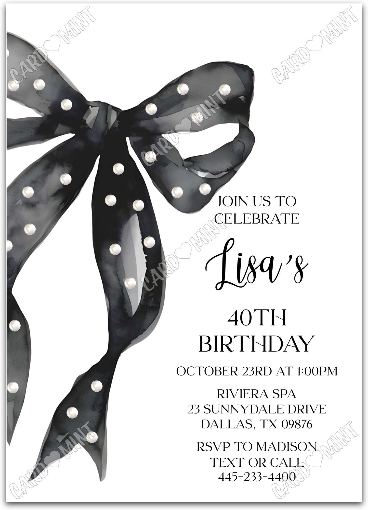 Editable Pearl Night black black bow with pearls woman Fête d'Anniversaire 5"x7" Invitation EV1258