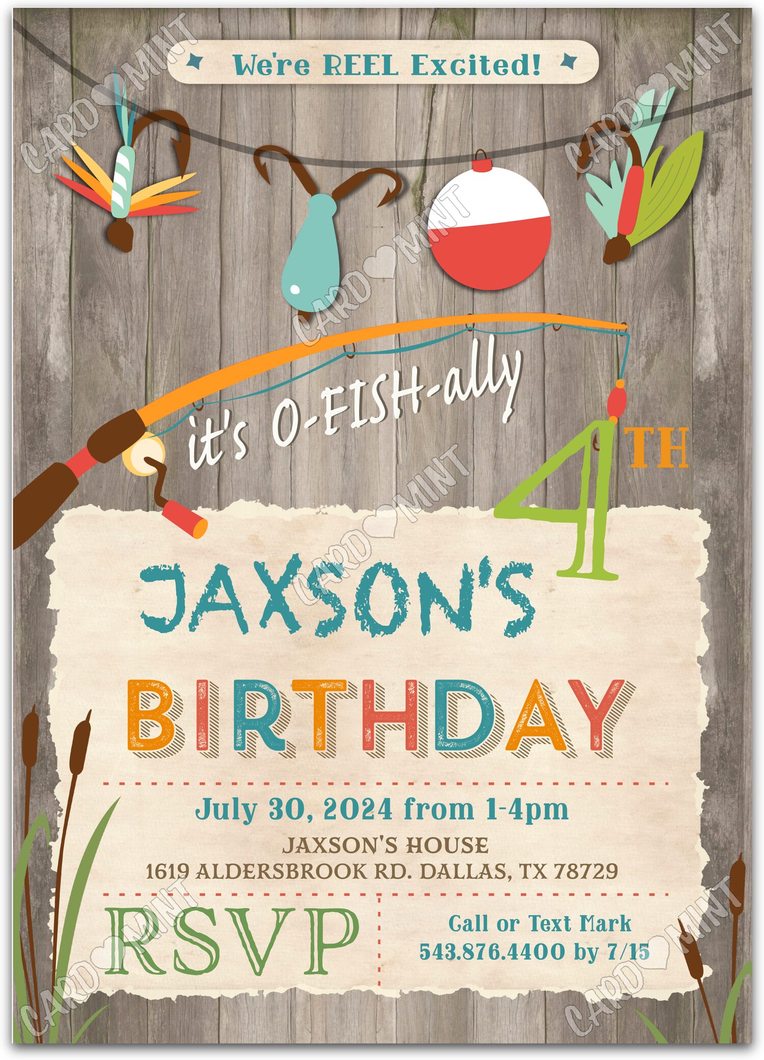 Editable We're Reel Excited fishing tackle & wood pattern boy Birthday Party 5"x7" Invitation EV1260