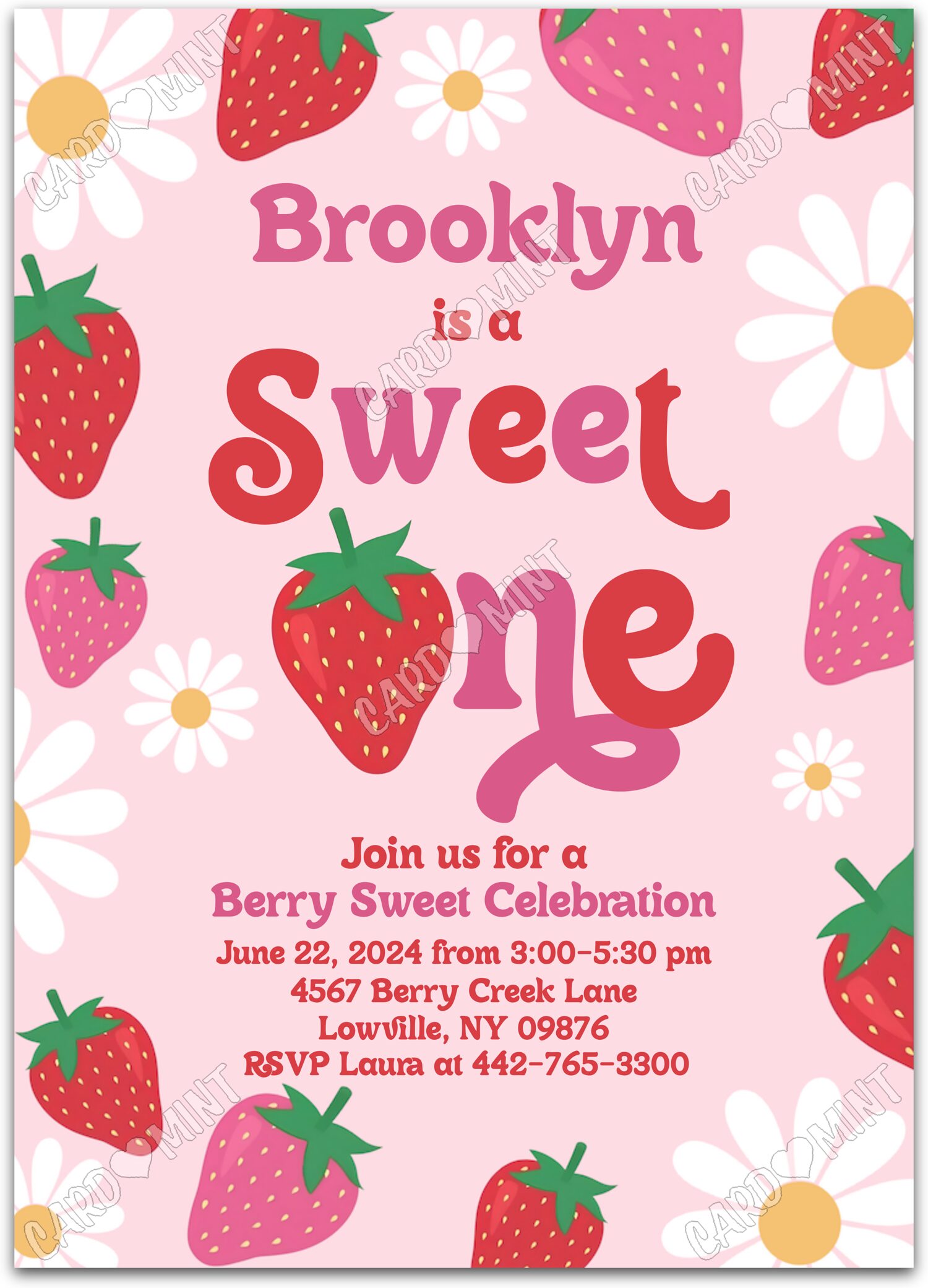 Editable Strawberry & Daisies pink strawberries & daisies girl First Birthday Party Invitation EV1262