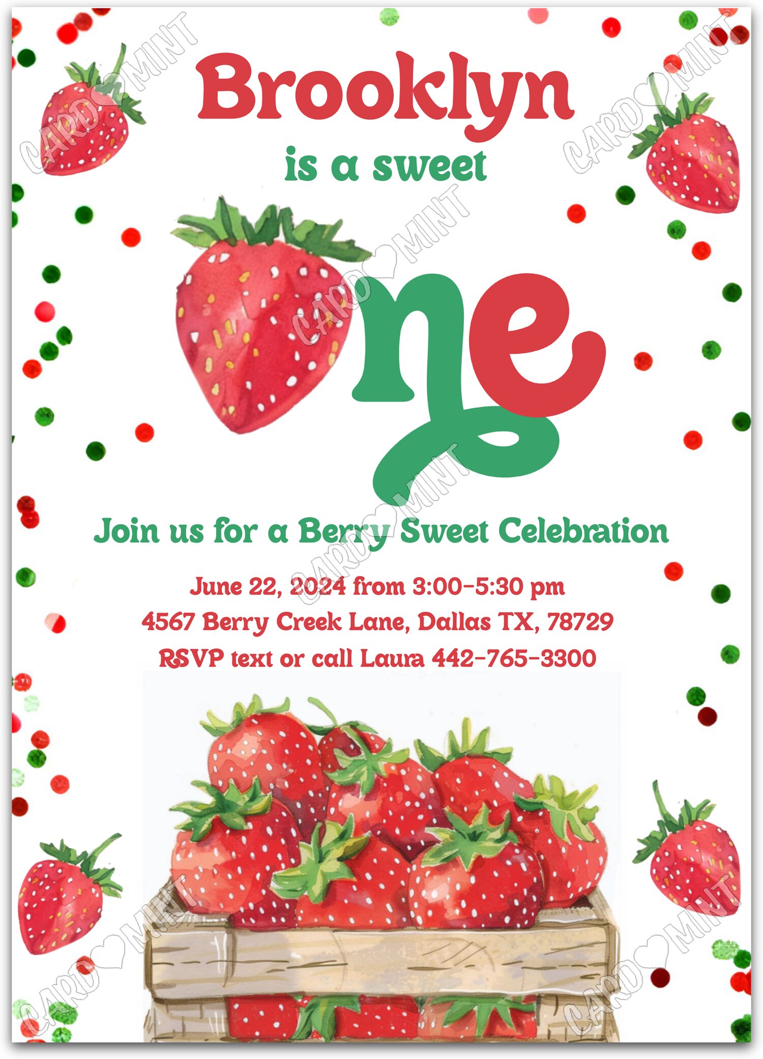 Editable Sweet One red fresh strawberries girl First Birthday Party 5"x7" Invitation EV1264