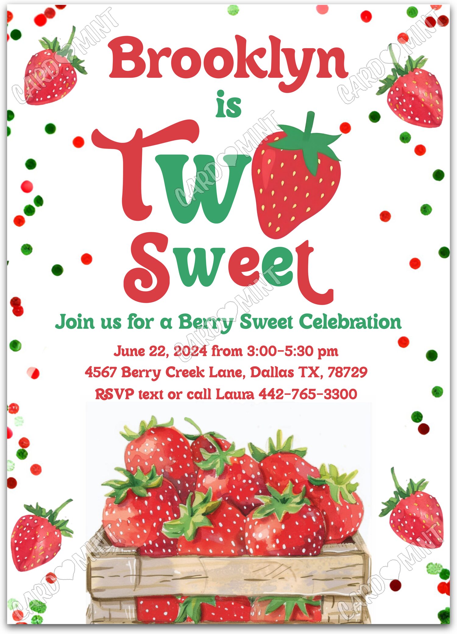 Editable Two Sweet red fresh strawberries girl 2nd Birthday Party 5"x7" Invitation EV1265