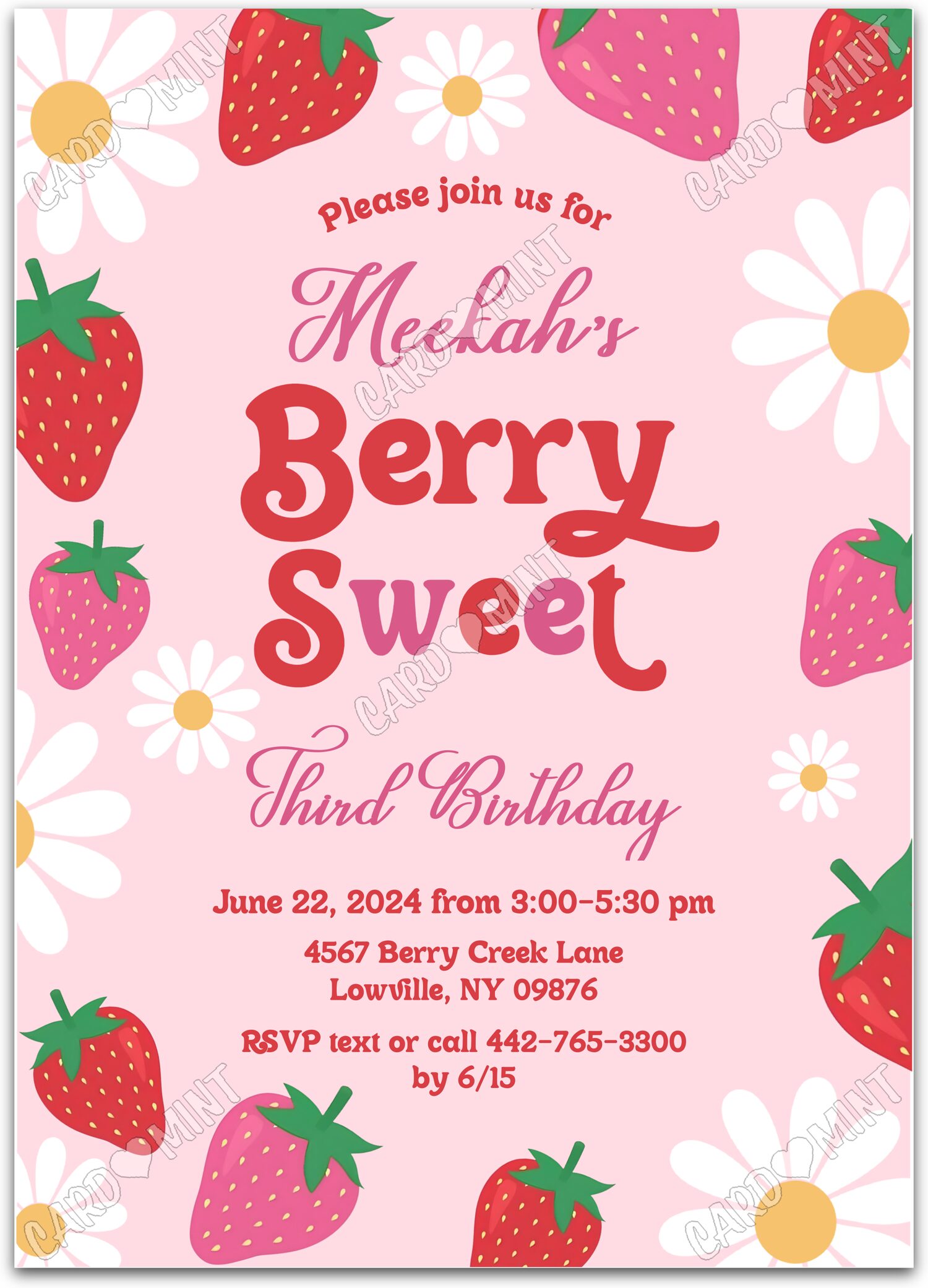 Editable Berry Sweet red fresh strawberries girl Birthday Party 5"x7" Invitation EV1266