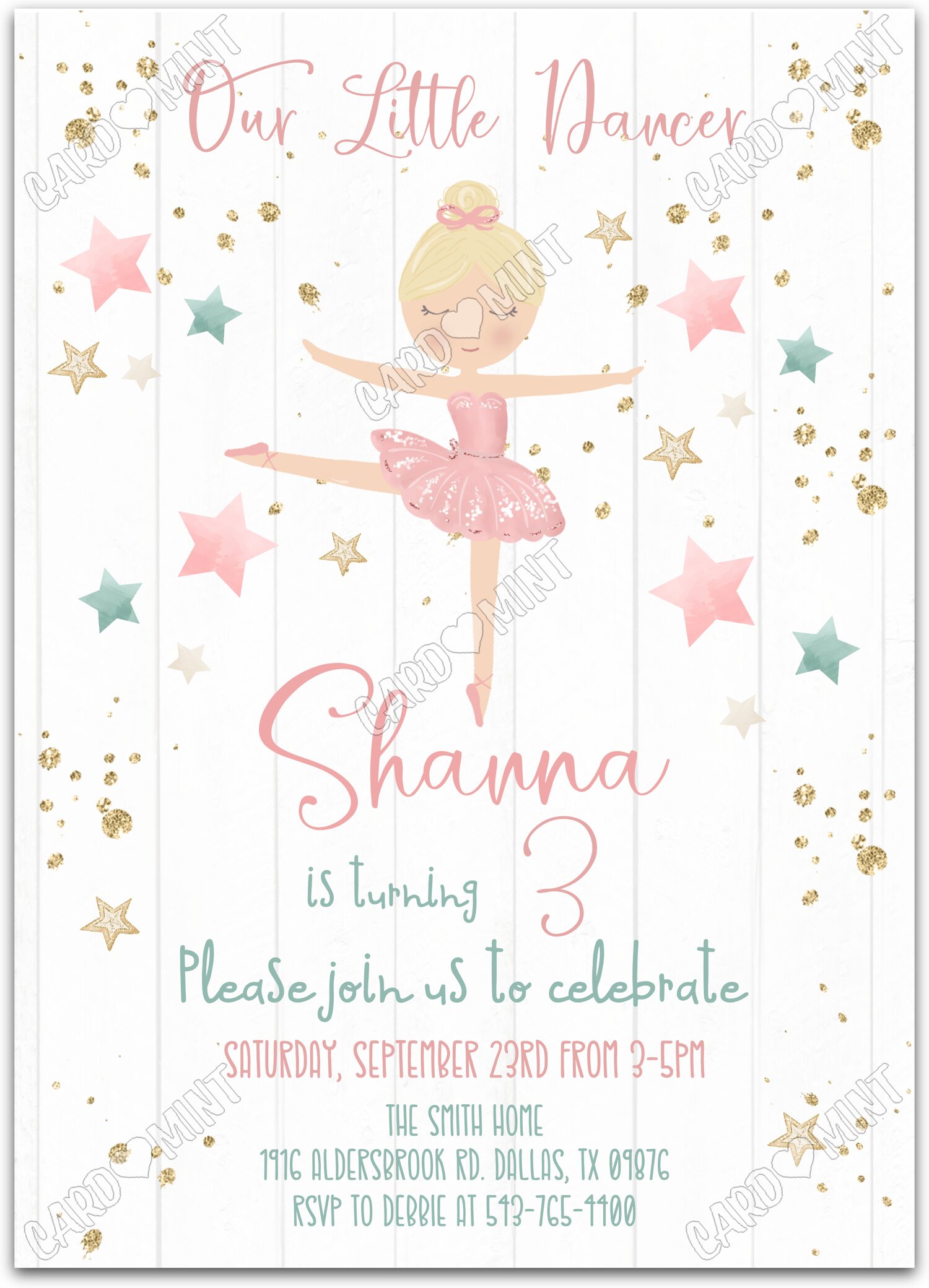 Editable Our Little Dancer peach twirling blonde dancer girl Birthday Party 5"x7" Invitation EV1267