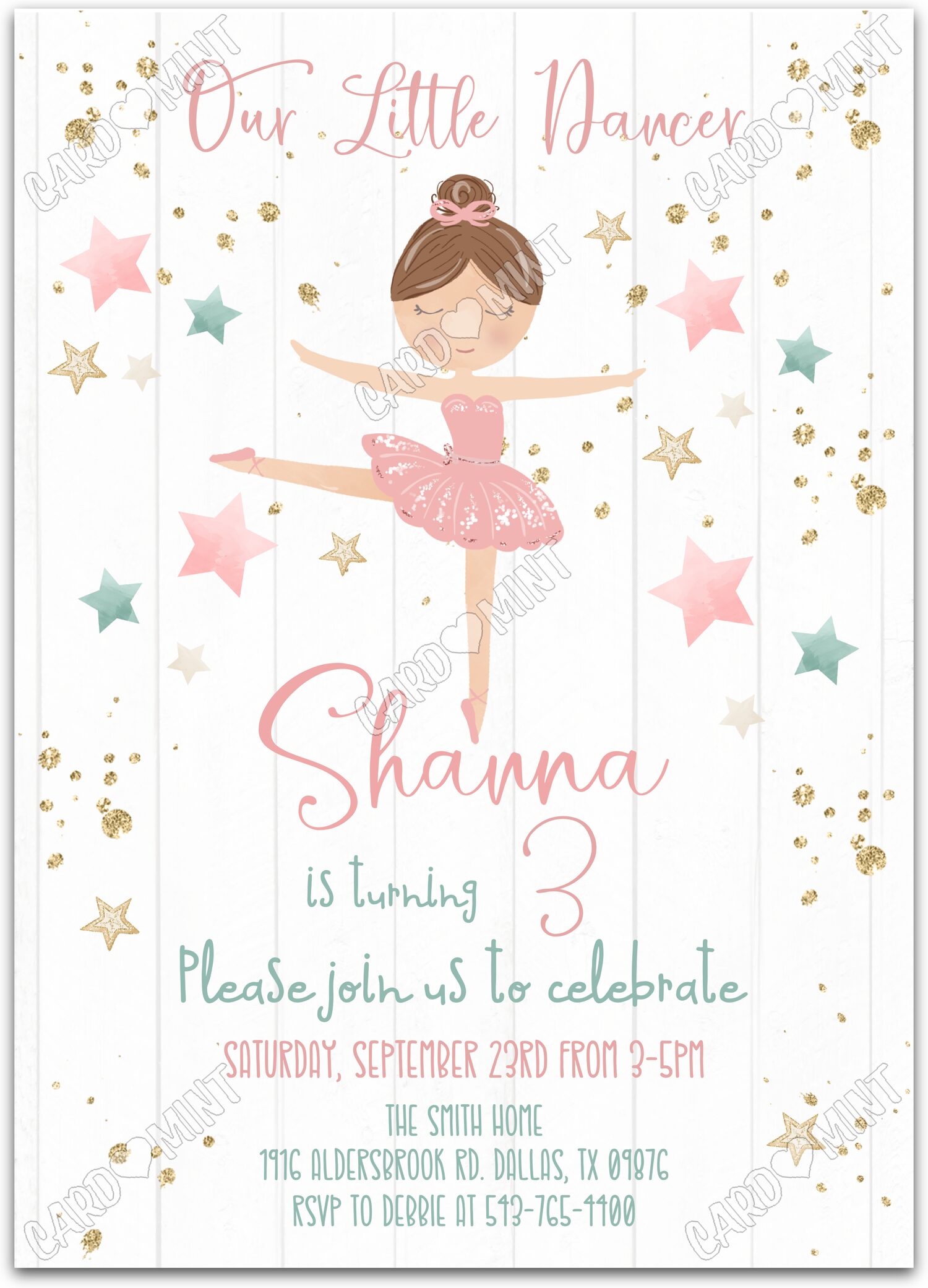 Editable Our Little Dancer peach twirling brunette dancer girl Birthday Party 5"x7" Invitation EV1268