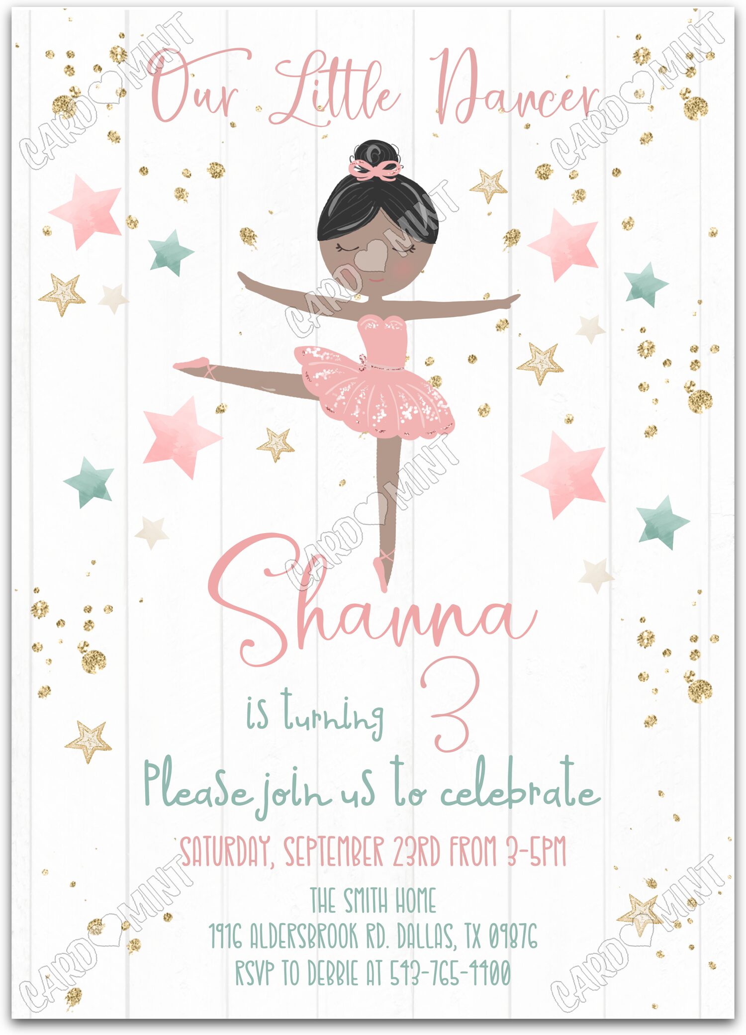 Editable Our Little Dancer peach twirling noirette dancer girl Birthday Party 5"x7" Invitation EV1269