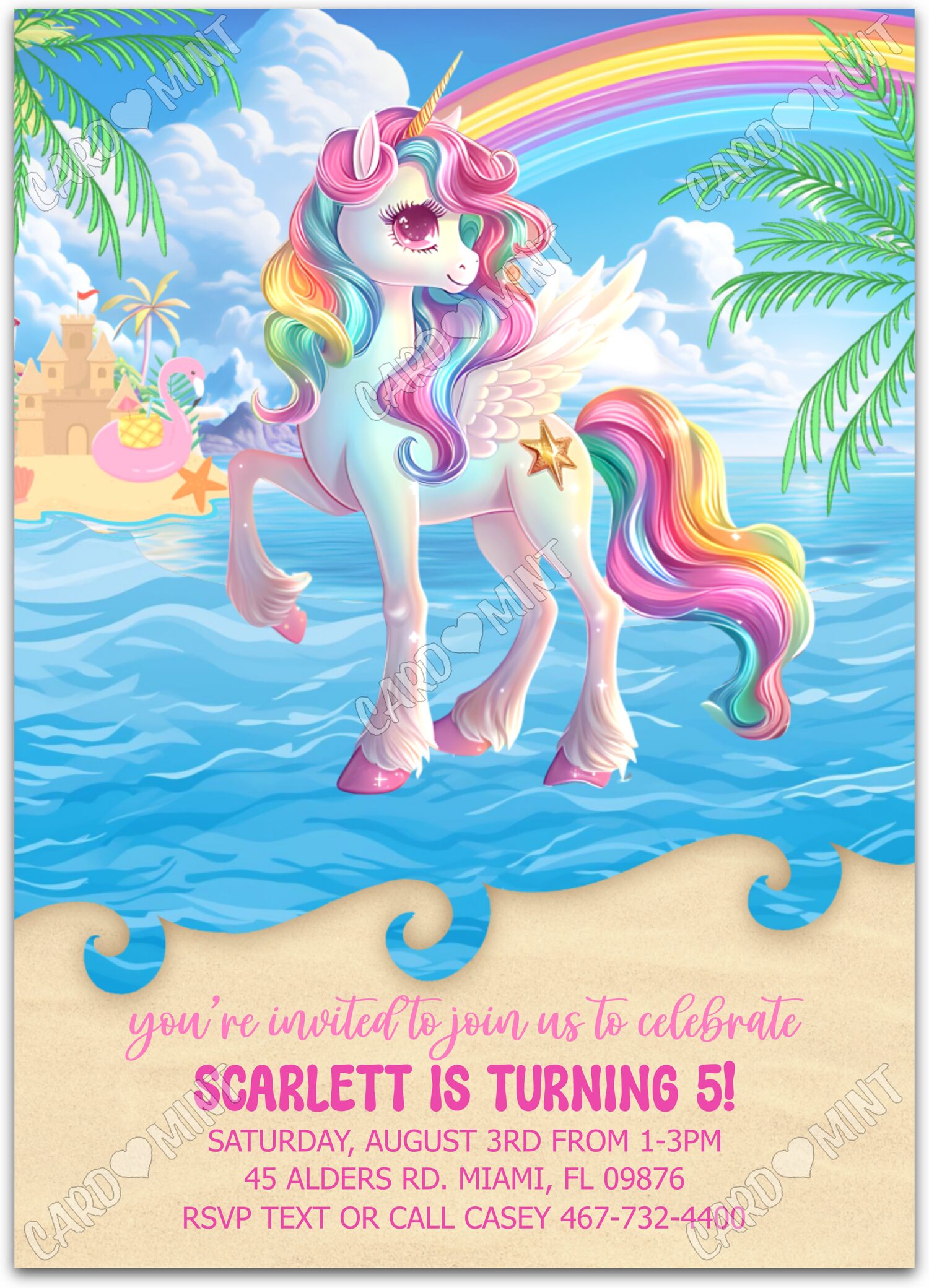 Editable Unicorn By the Sea colorful unicorn and seascape girl Fête d'Anniversaire 5"x7" Invitation EV1271