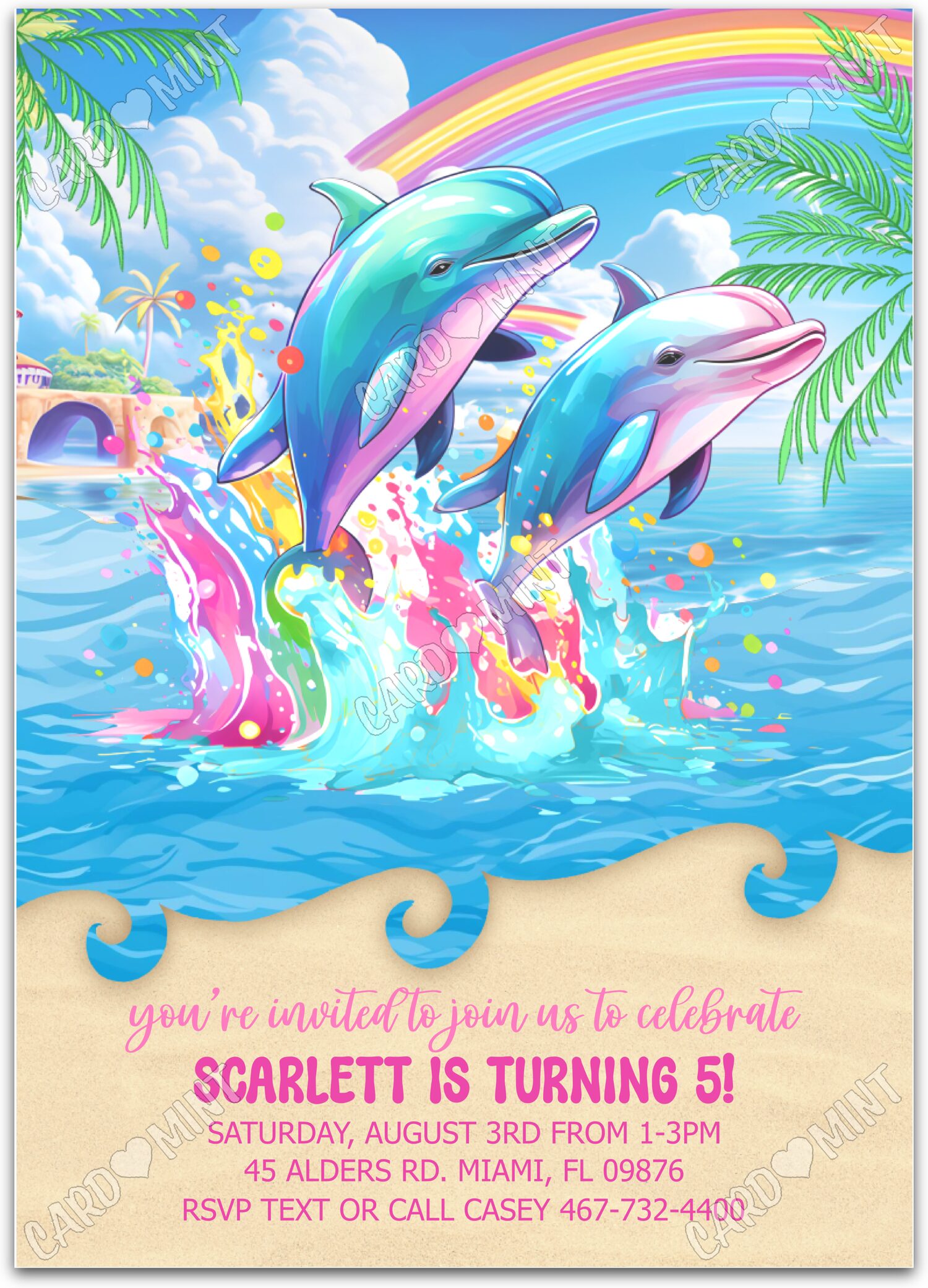 Editable Dolphins By the Sea colorful dolphins and seascape girl Birthday Party 5"x7" Invitation EV1272