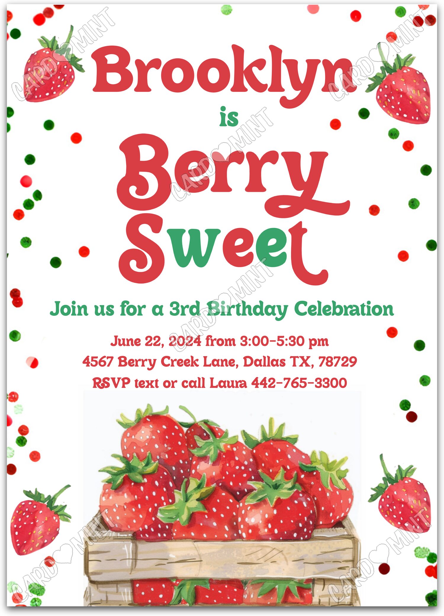 Editable Berry Sweet red fresh strawberries girl Birthday Party 5"x7" Invitation EV1274