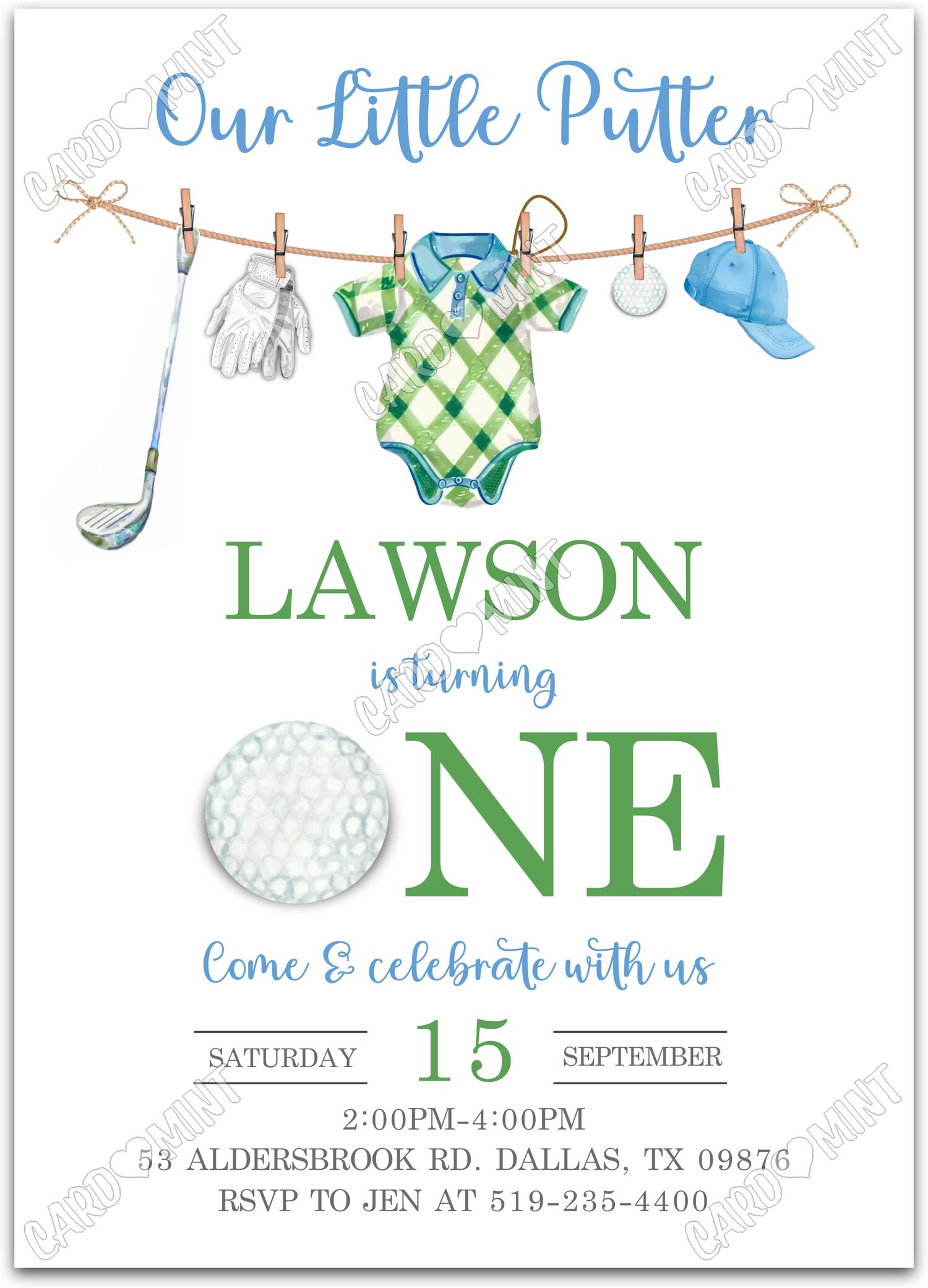 Editable Our Little Putter white golf club & golf apparel boy First Fête d'Anniversaire 5"x7" Invitation EV1276-1