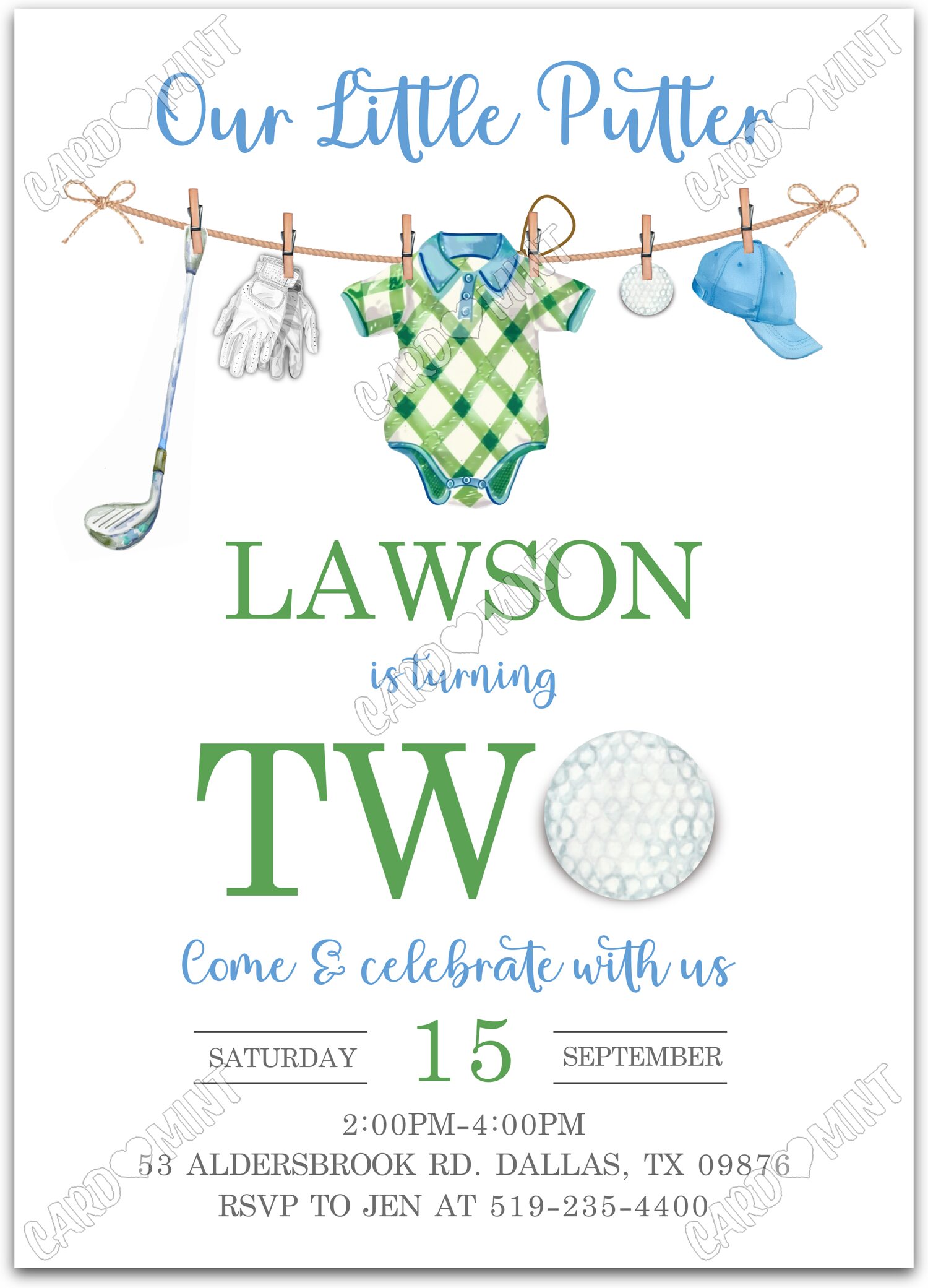 Editable Our Little Putter white golf club & golf apparel boy 2nd Fête d'Anniversaire 5"x7" Invitation EV1276-2