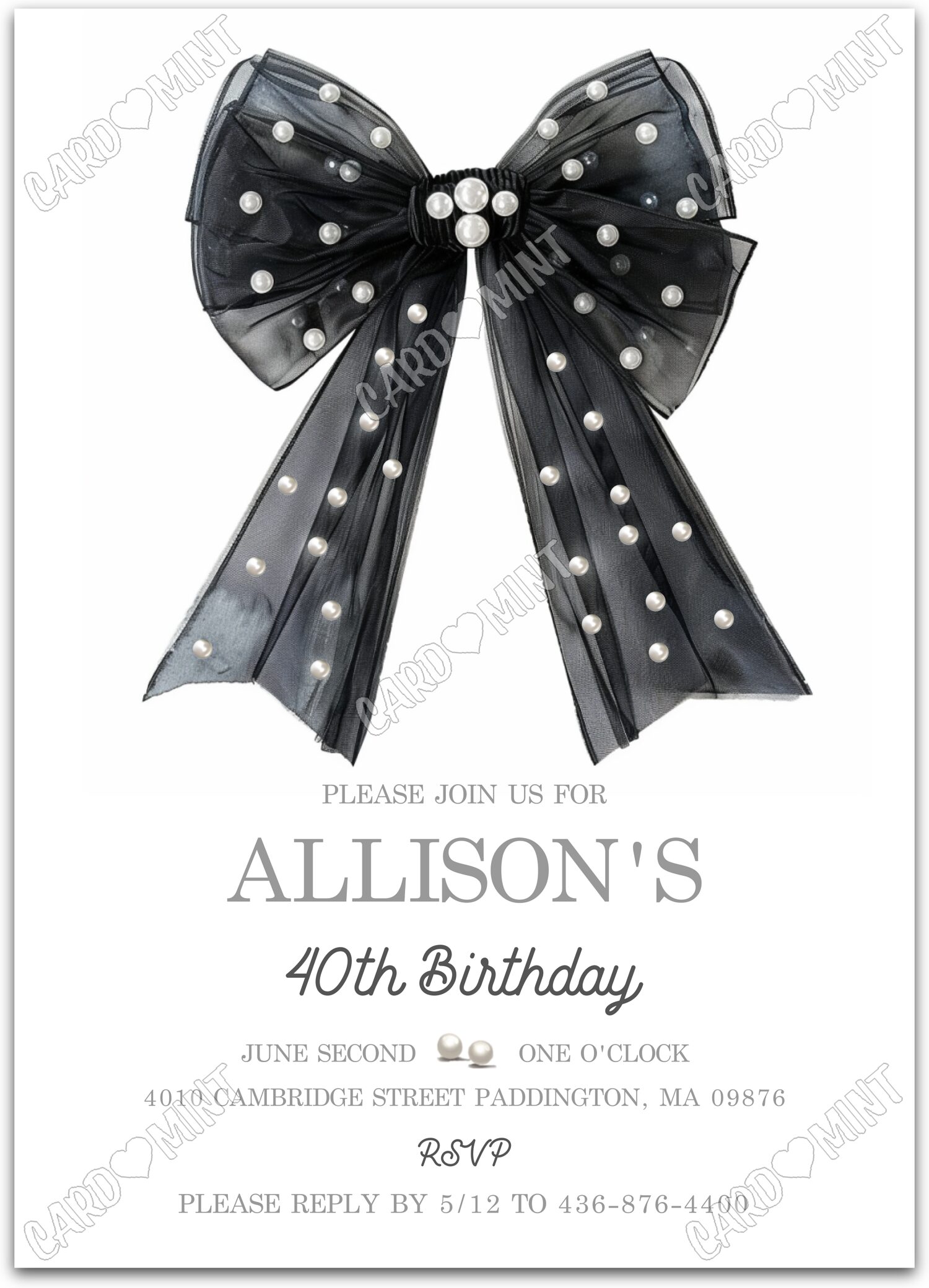 Editable Pearl Night black black bow with pearls woman Birthday Party 5"x7" Invitation EV1281