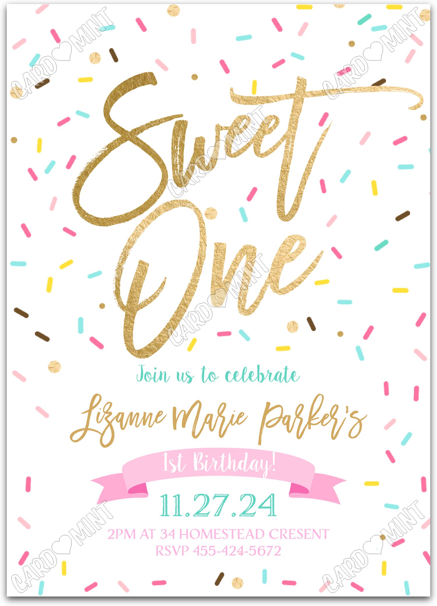 Editable Sweet One white colored sprinkles girl First Birthday Party 5"x7" Invitation EV1282