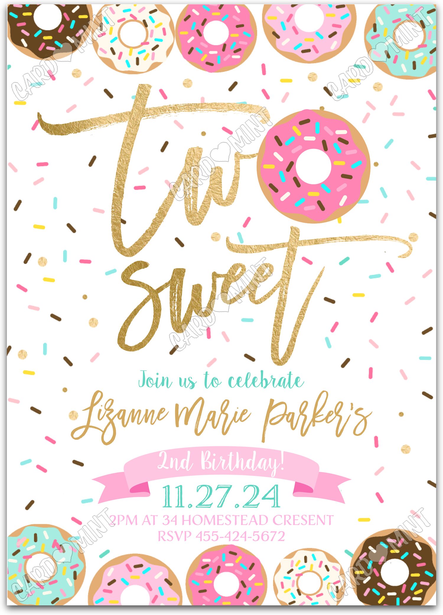 Editable Two Sweet white donuts & sprinkles girl 2nd Birthday Party 5"x7" Invitation EV1283