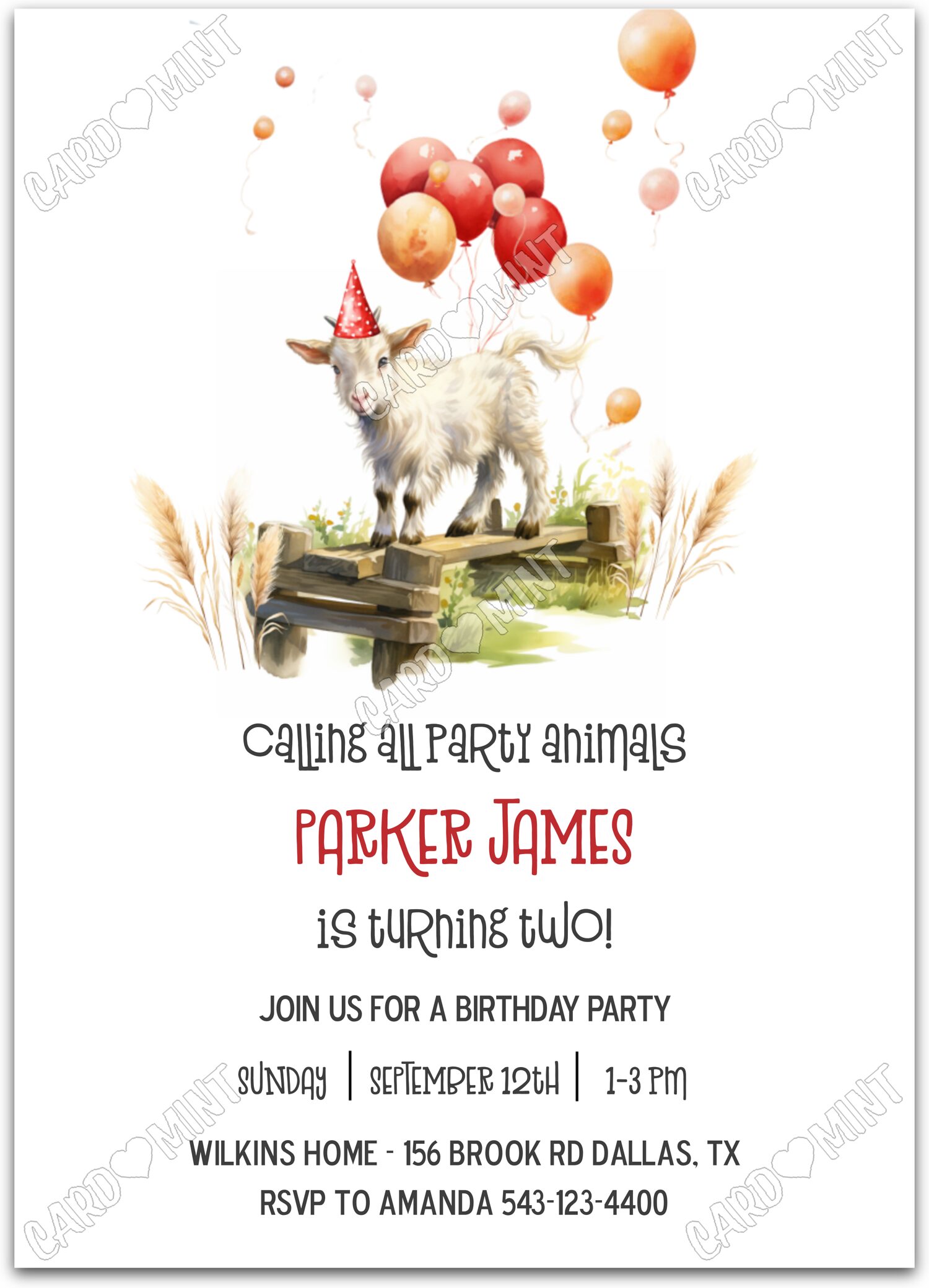 Editable Calling All Party Animals white baby goat & balloons boy Fête d'Anniversaire 5"x7" Invitation EV1284