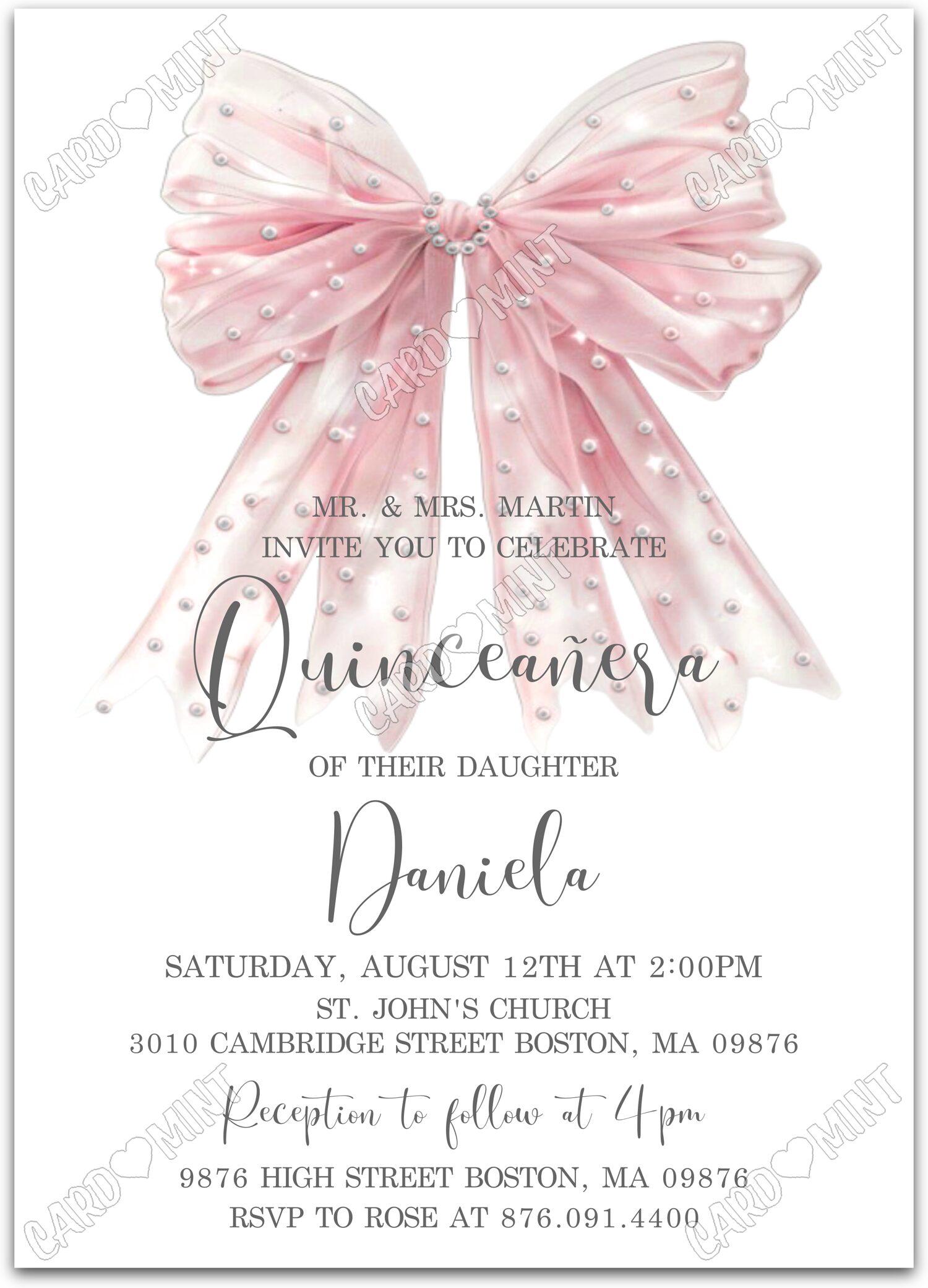 Editable Celebrate Quinceañera white pink & white bow girl Pink Quince 5"x7" Invitation EV1285