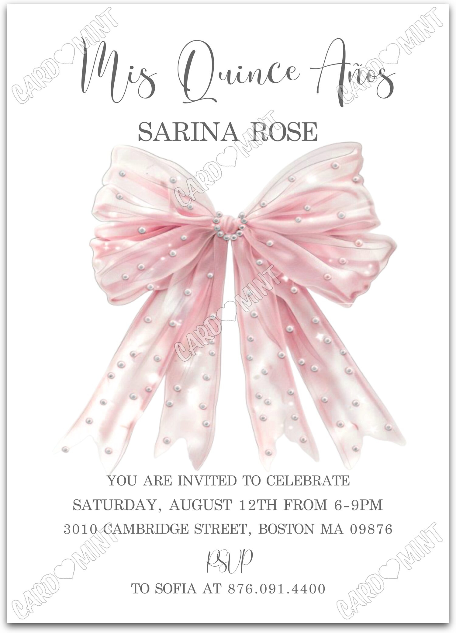 Editable Mis Quince Años white pink & white bow girl Pink Quince 5"x7" Invitation EV1286