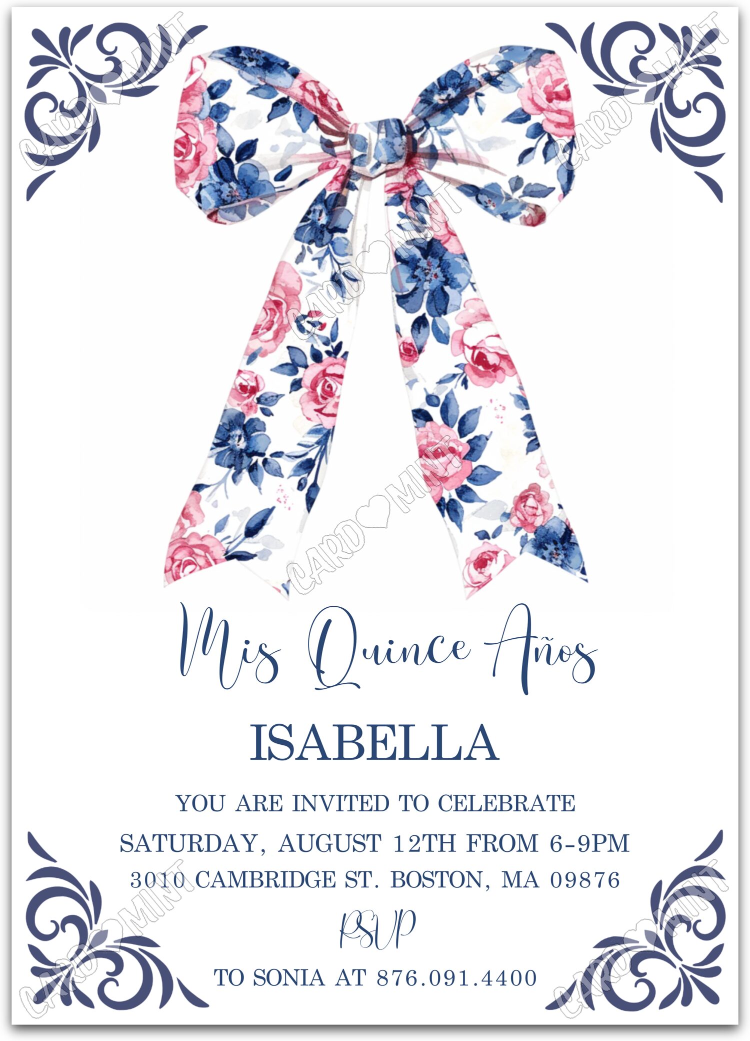 Editable Mis Quince Años white floral bow girl Floral Quince 5"x7" Invitation EV1287