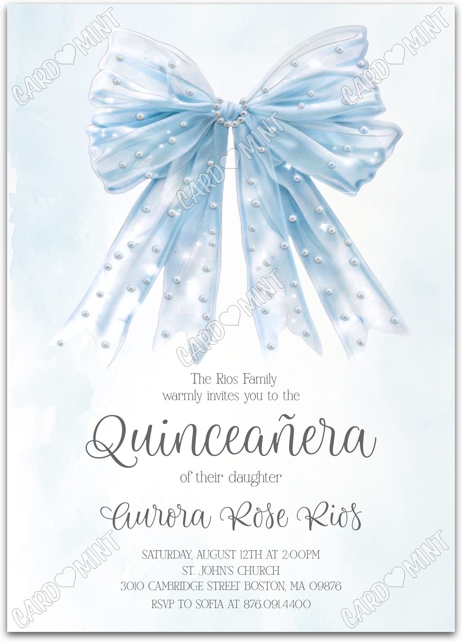 Editable Quinceañera blue blue bow girl Blue Quince 5"x7" Invitation EV1290-BL