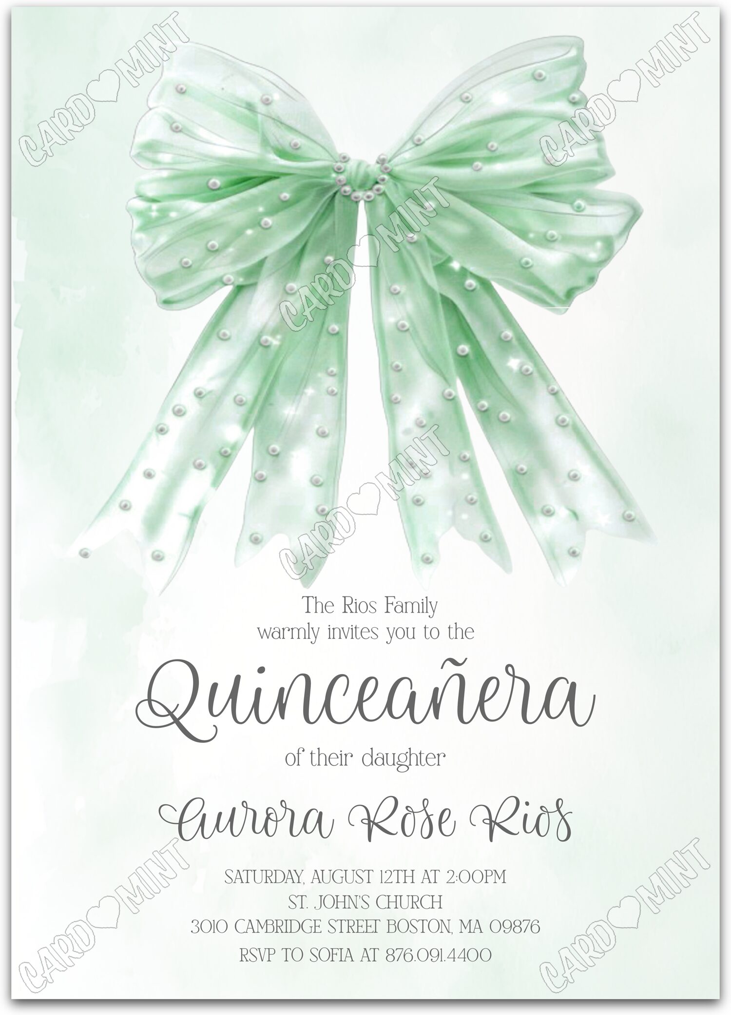 Editable Quinceañera green green bow girl Green Quince 5"x7" Invitation EV1290-GR