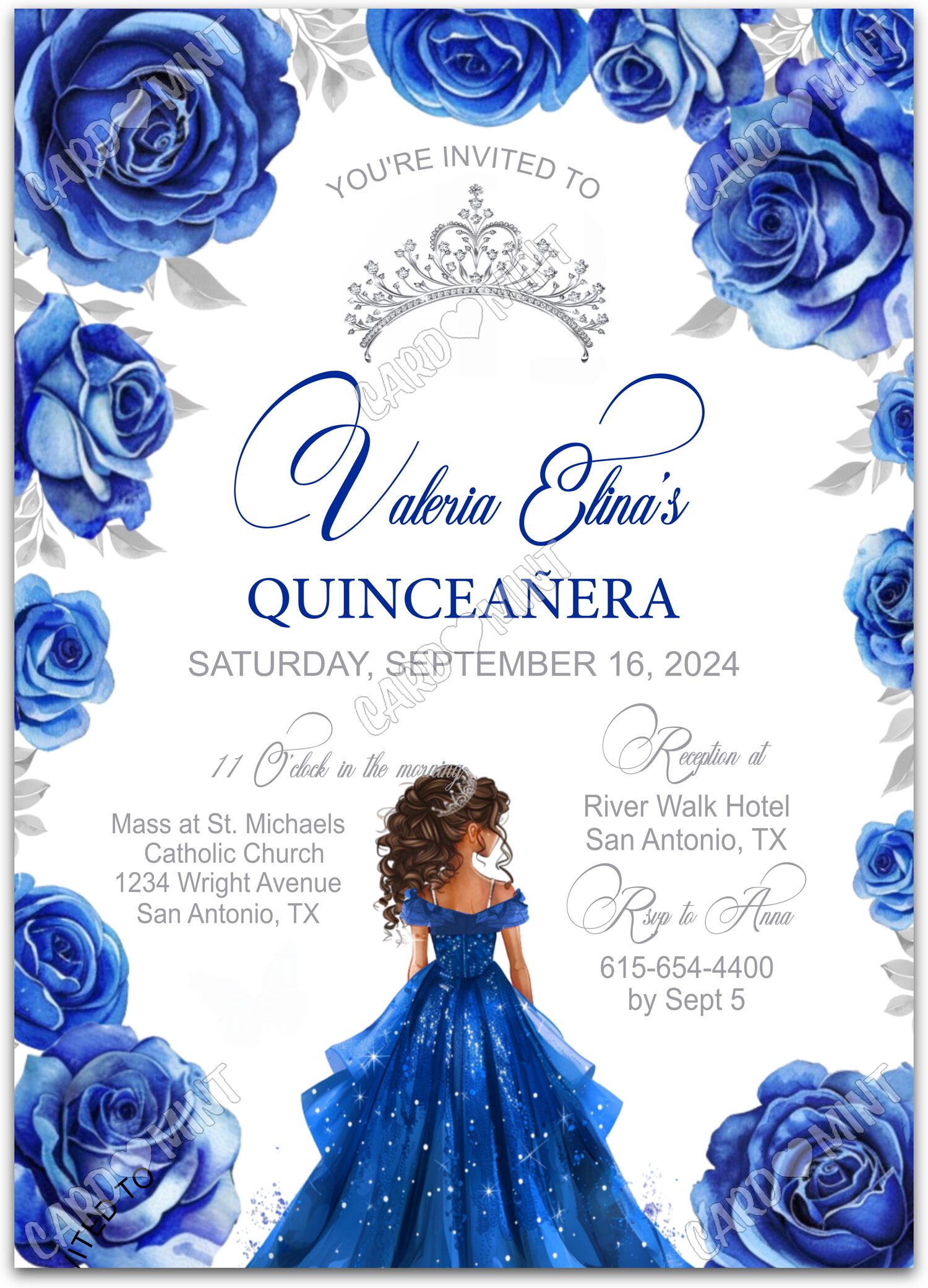 Editable Quinceañera blue blue dress & roses girl Blue Quince 5"x7" Invitation EV1294