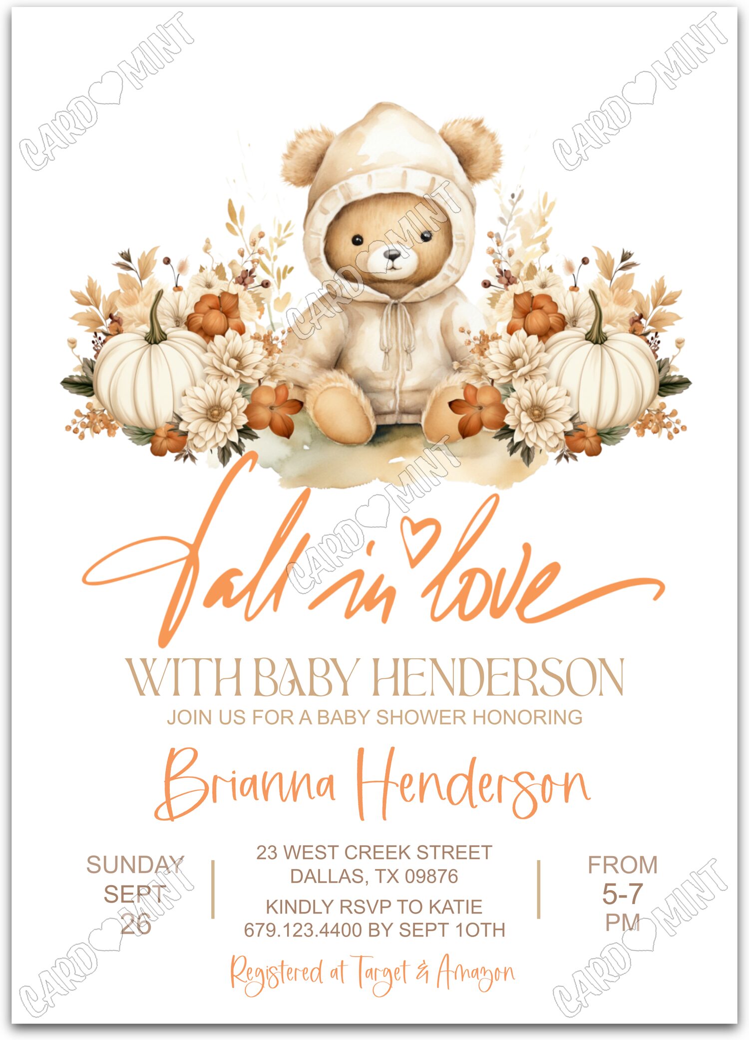 Editable Fall in Love orange baby bear & pumpkins neutral fall Baby Shower 5"x7" Invitation EV1295