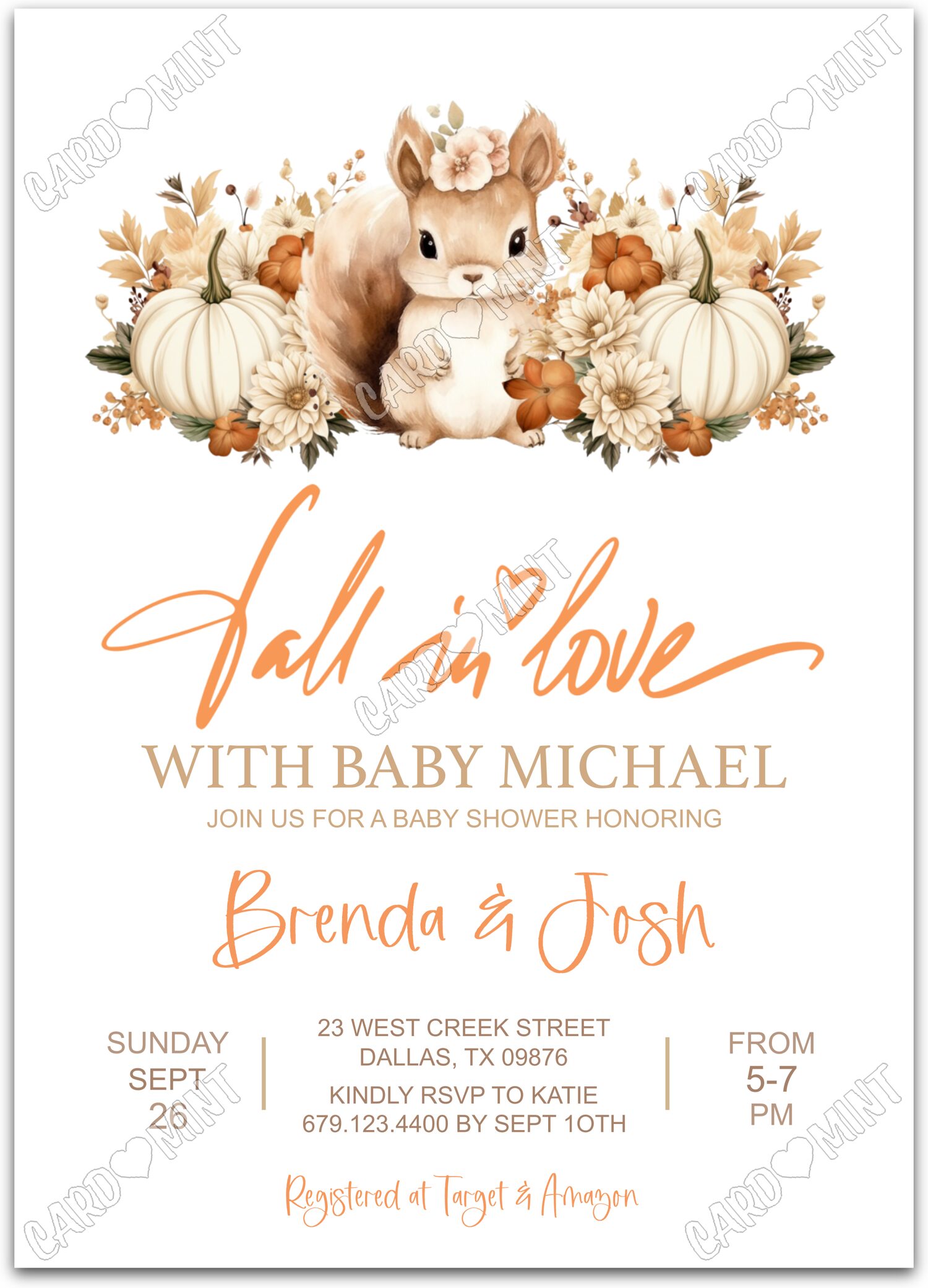 Editable Fall in Love orange squirrel & pumpkins neutral fall Baby Shower 5"x7" Invitation EV1296