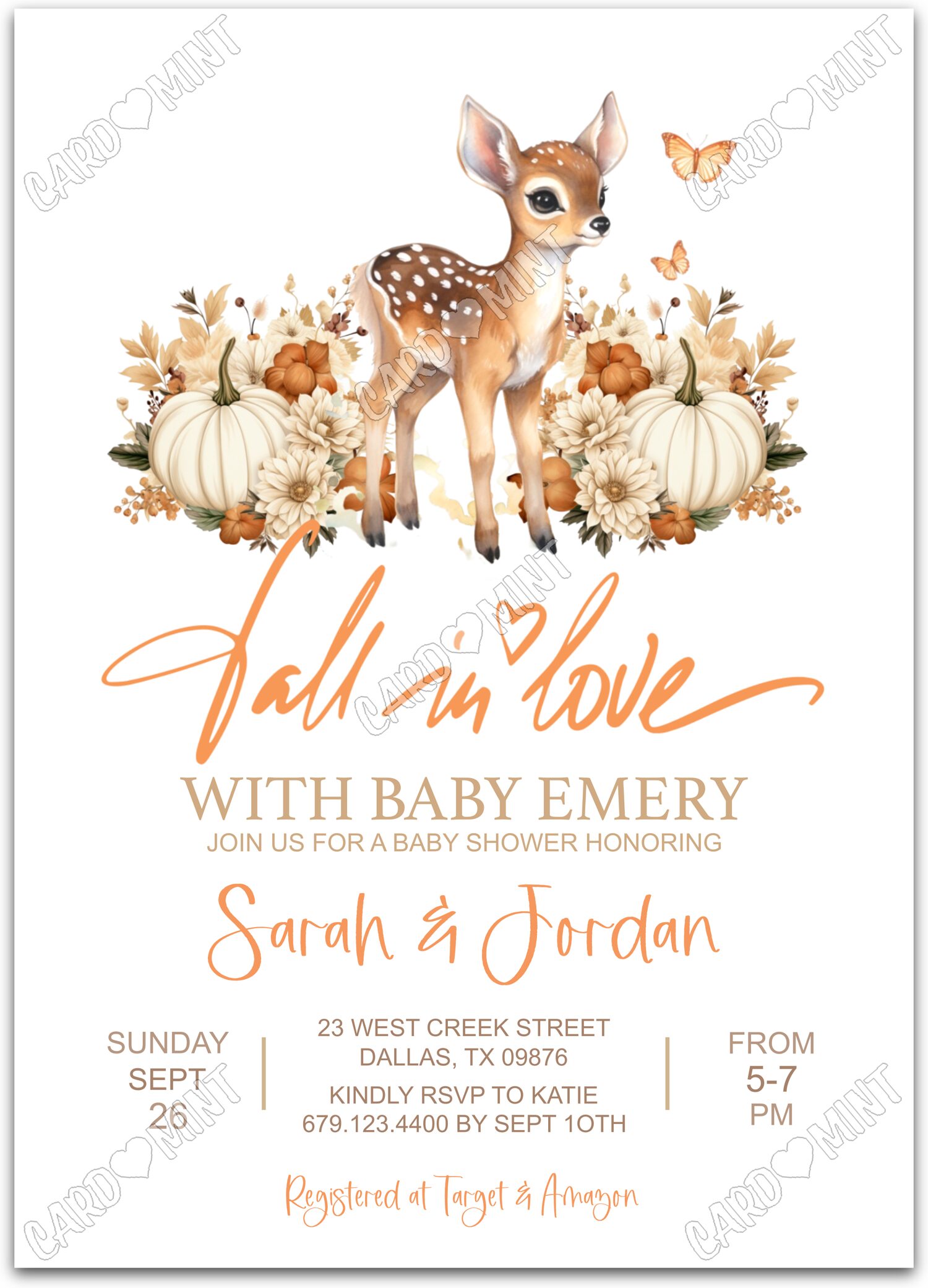 Editable Fall in Love orange fawn & pumpkins neutral fall Baby Shower 5"x7" Invitation EV1297