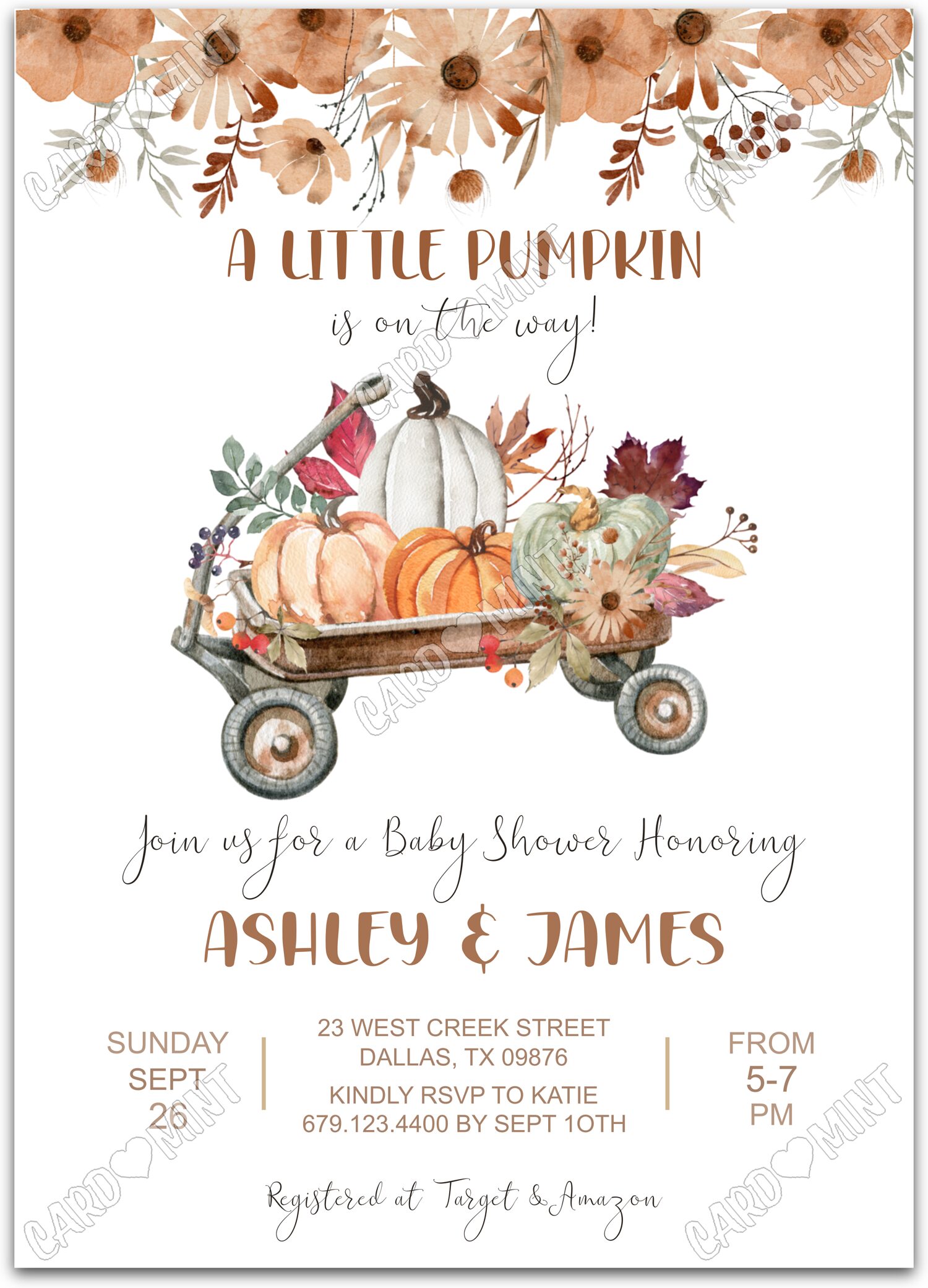 Editable A Little Pumpkin orange pumpkins in wagon neutral fall Baby Shower 5"x7" Invitation EV1298