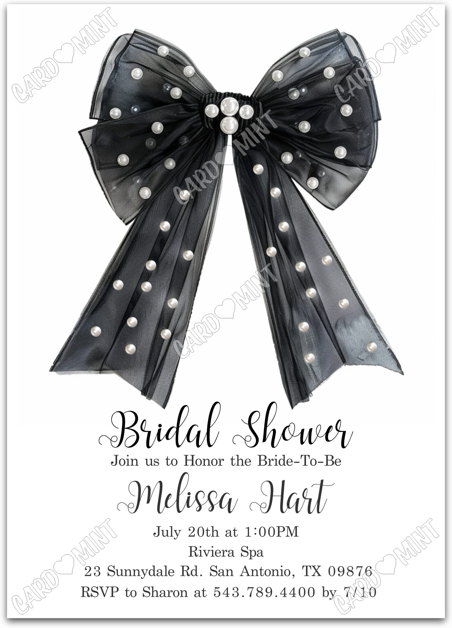 Editable Black Bow white black bow & pearls Douche nuptiale 5"x7" Invitation EV1319