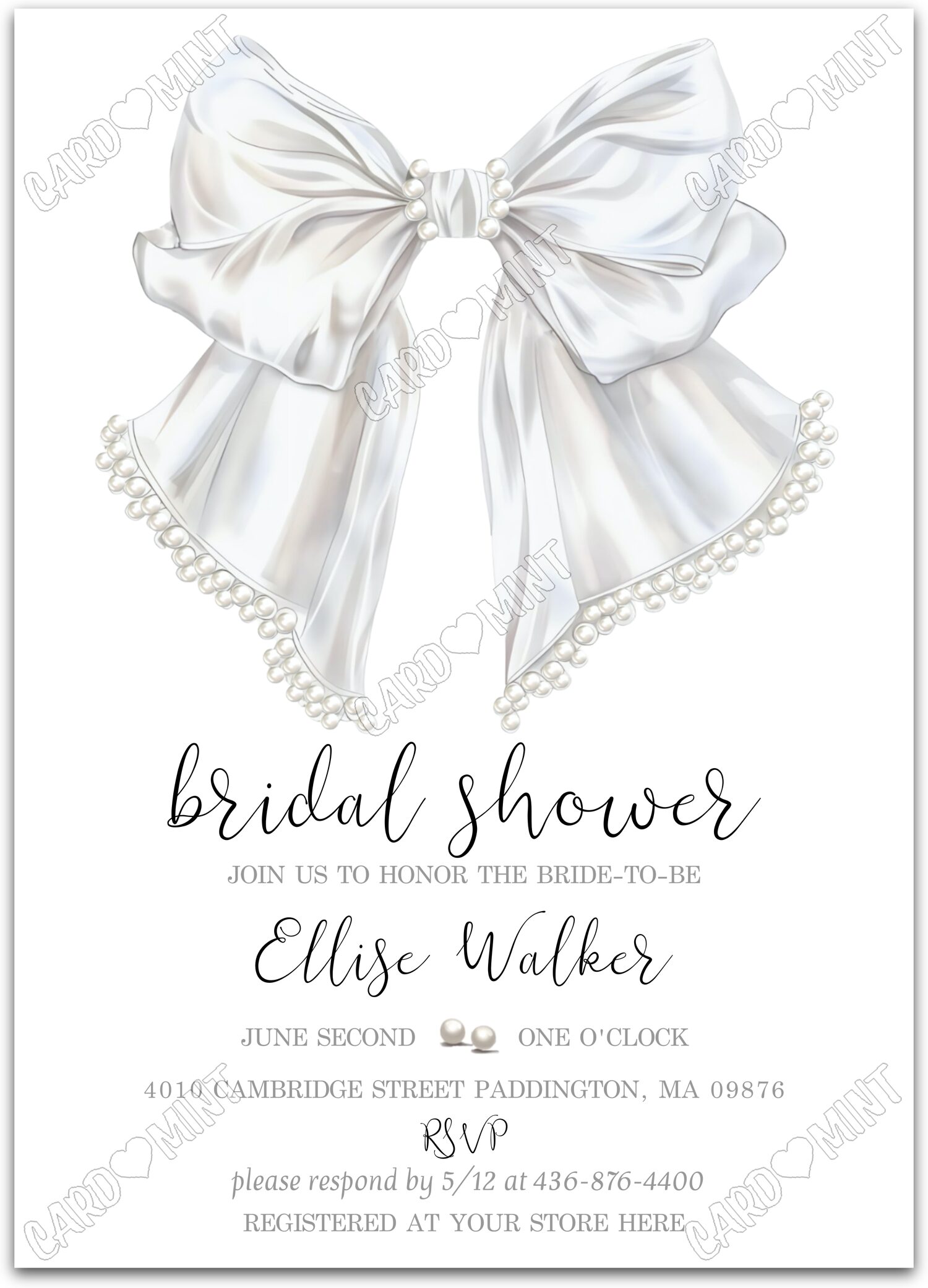 Editable Pearls & White Bow white bow and pearls Douche nuptiale 5"x7" Invitation EV1320