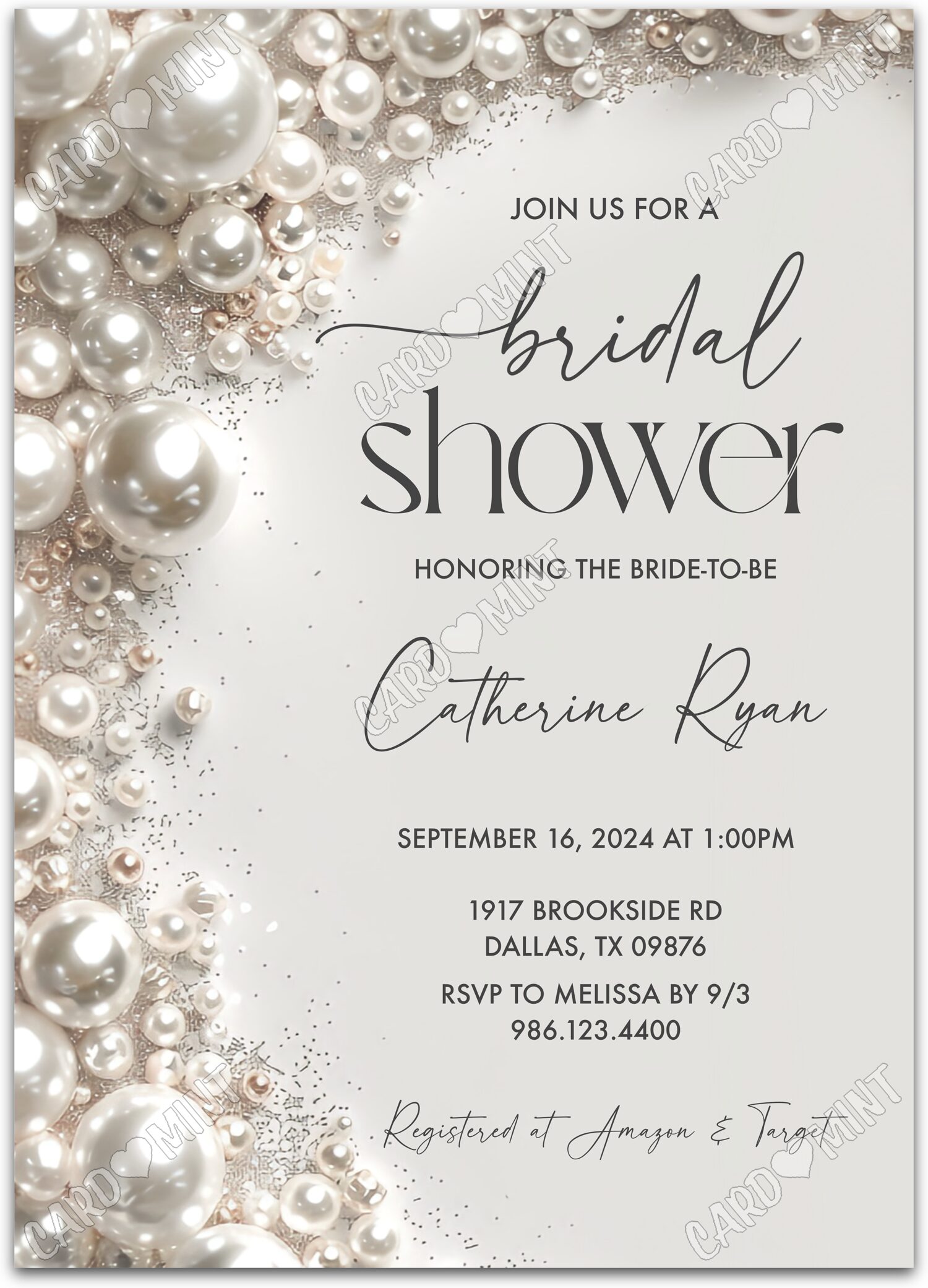 Editable Pearl Romance white pearls Douche nuptiale 5"x7" Invitation EV1327