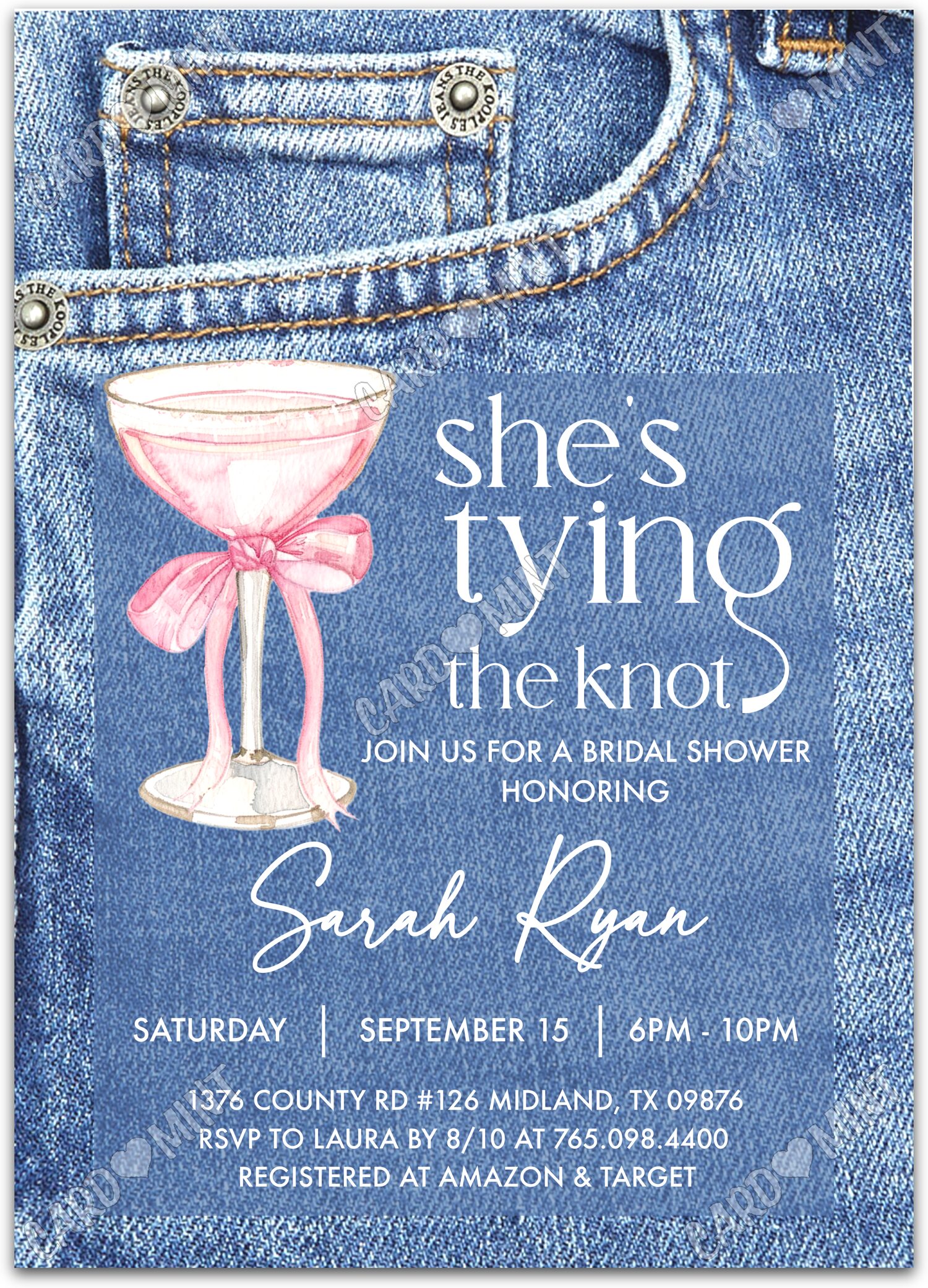 Editable Denim & Bubbly blue blue jeans and champagne Douche nuptiale 5"x7" Invitation EV1330