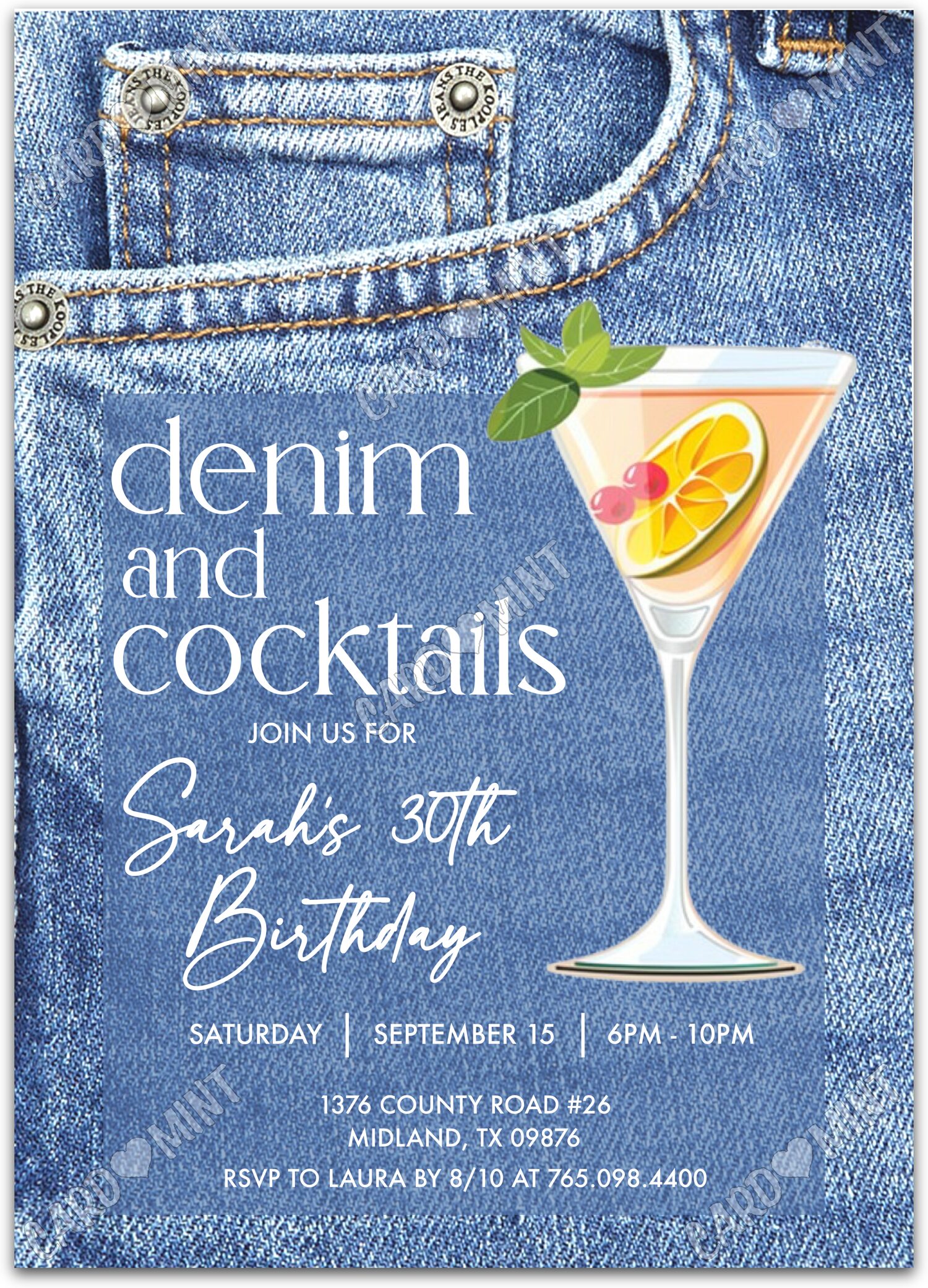 Editable Denim & Cocktails blue blue jeans and cocktails woman Adult Birthday Party 5"x7" Invitation EV1332