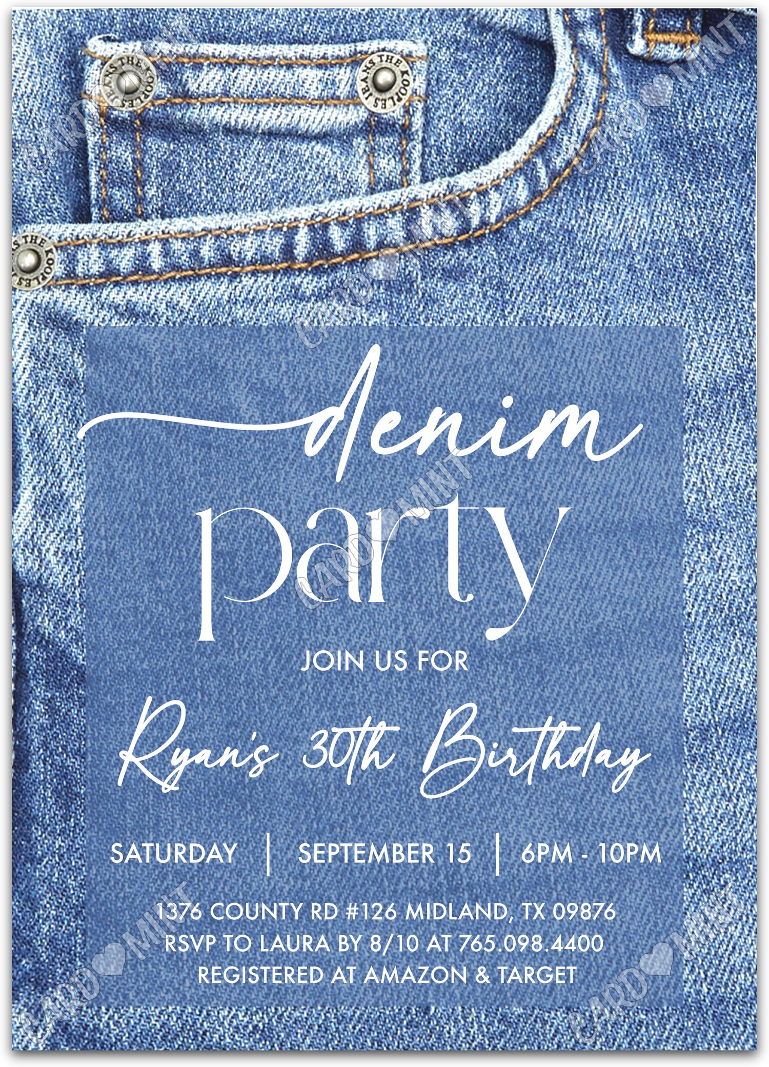 Editable Denim Party blue blue jeans boy Birthday Party 5"x7" Invitation EV1333