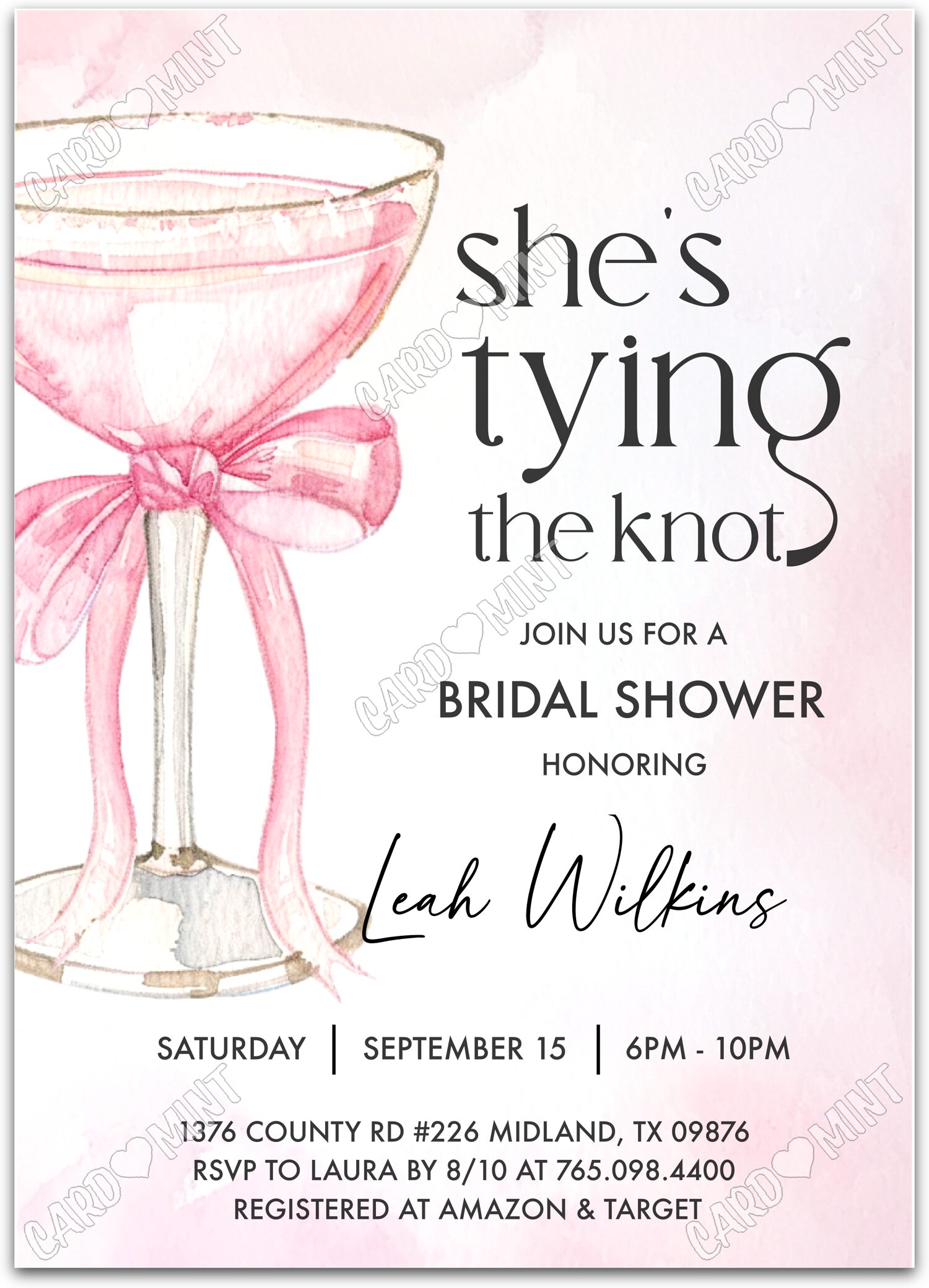 Editable She’s Tying the Knot pink cocktail & bow Douche nuptiale Invitation EV1334