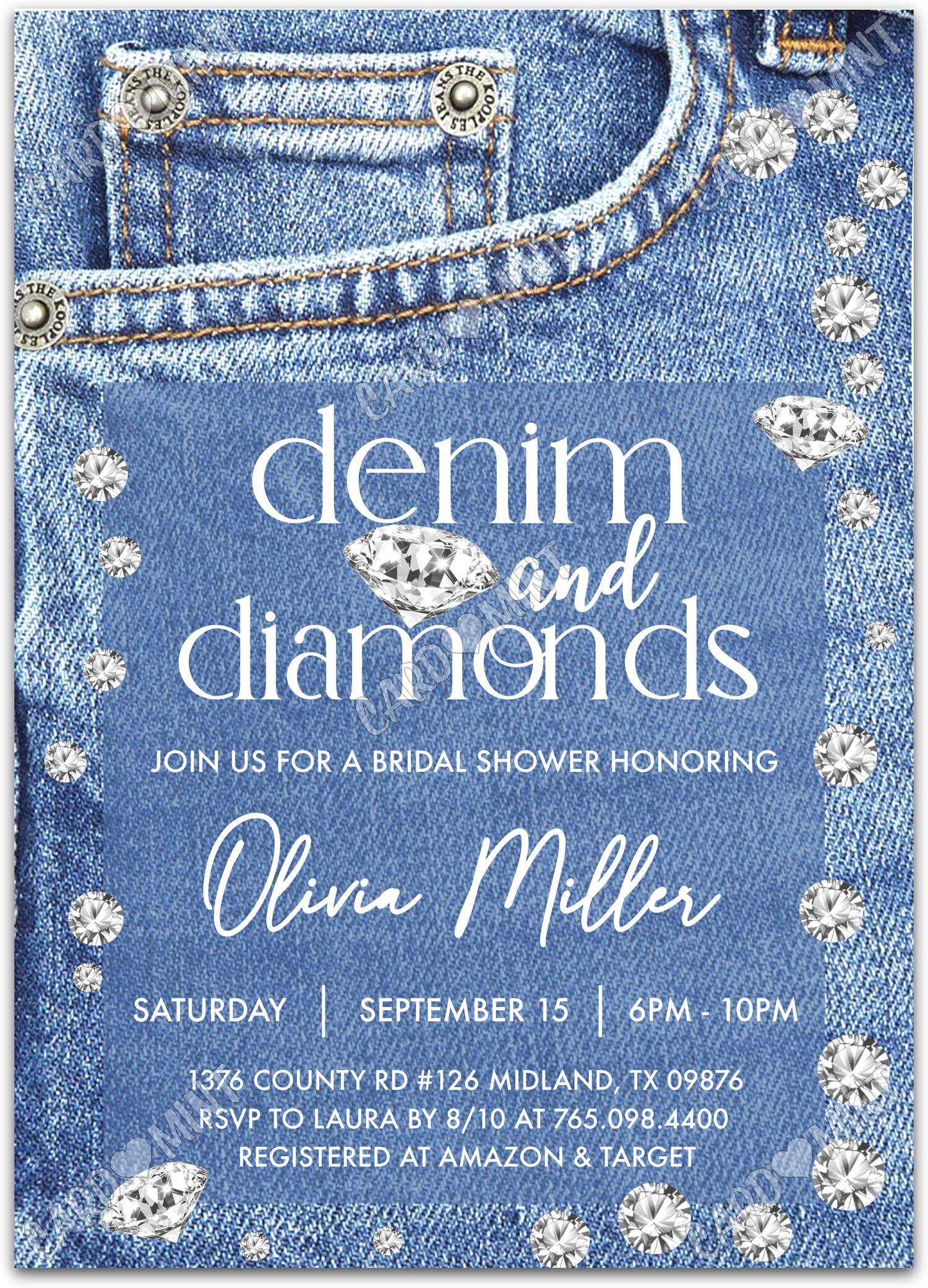 Editable Denim & Diamonds blue denim & diamond Bridal Shower Invitation EV1335