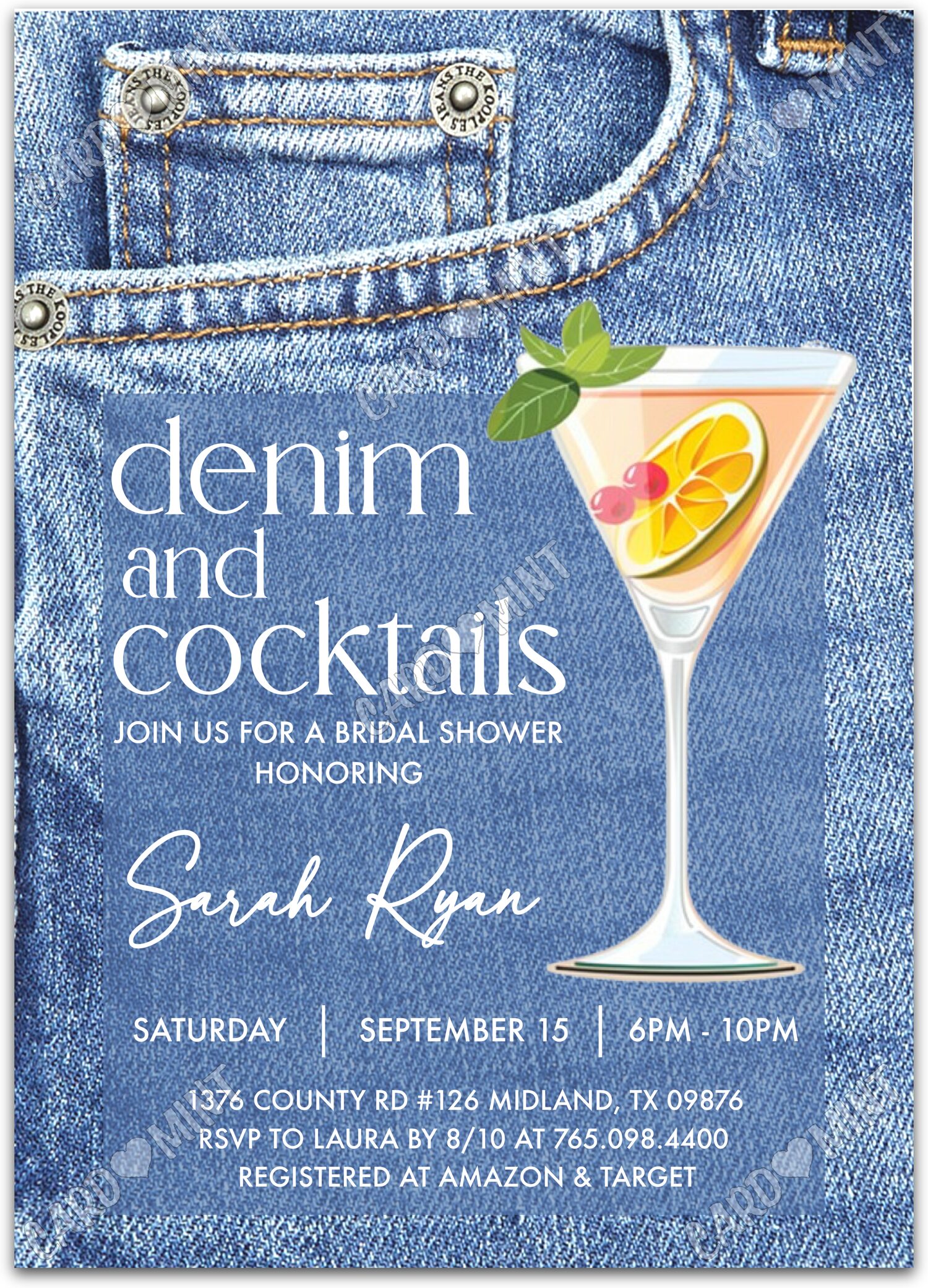 Editable Denim & Cocktails blue blue jeans and cocktails Douche nuptiale 5"x7" Invitation EV1337