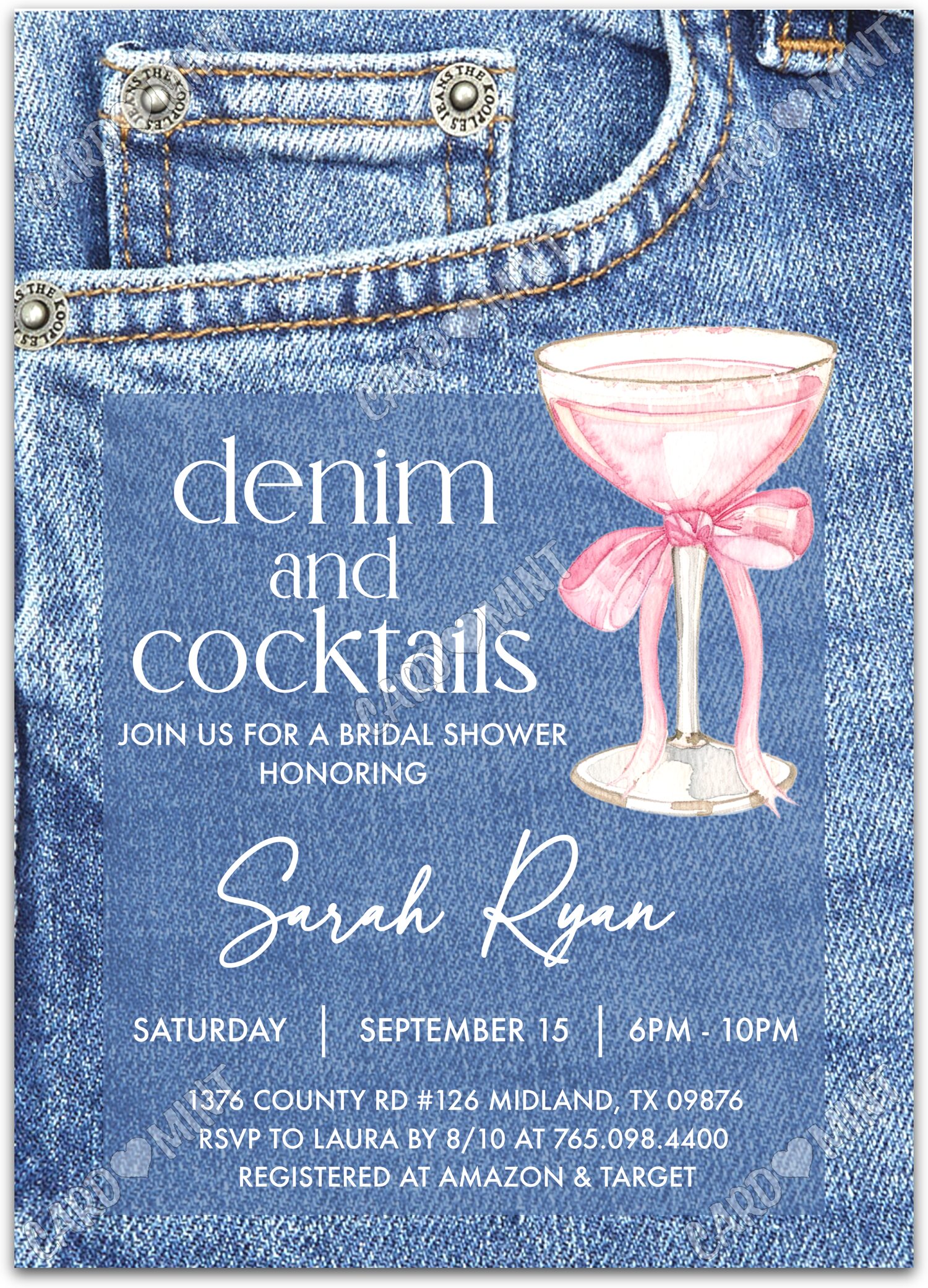 Editable Denim & Cocktails blue blue jeans and cocktails Douche nuptiale 5"x7" Invitation EV1338