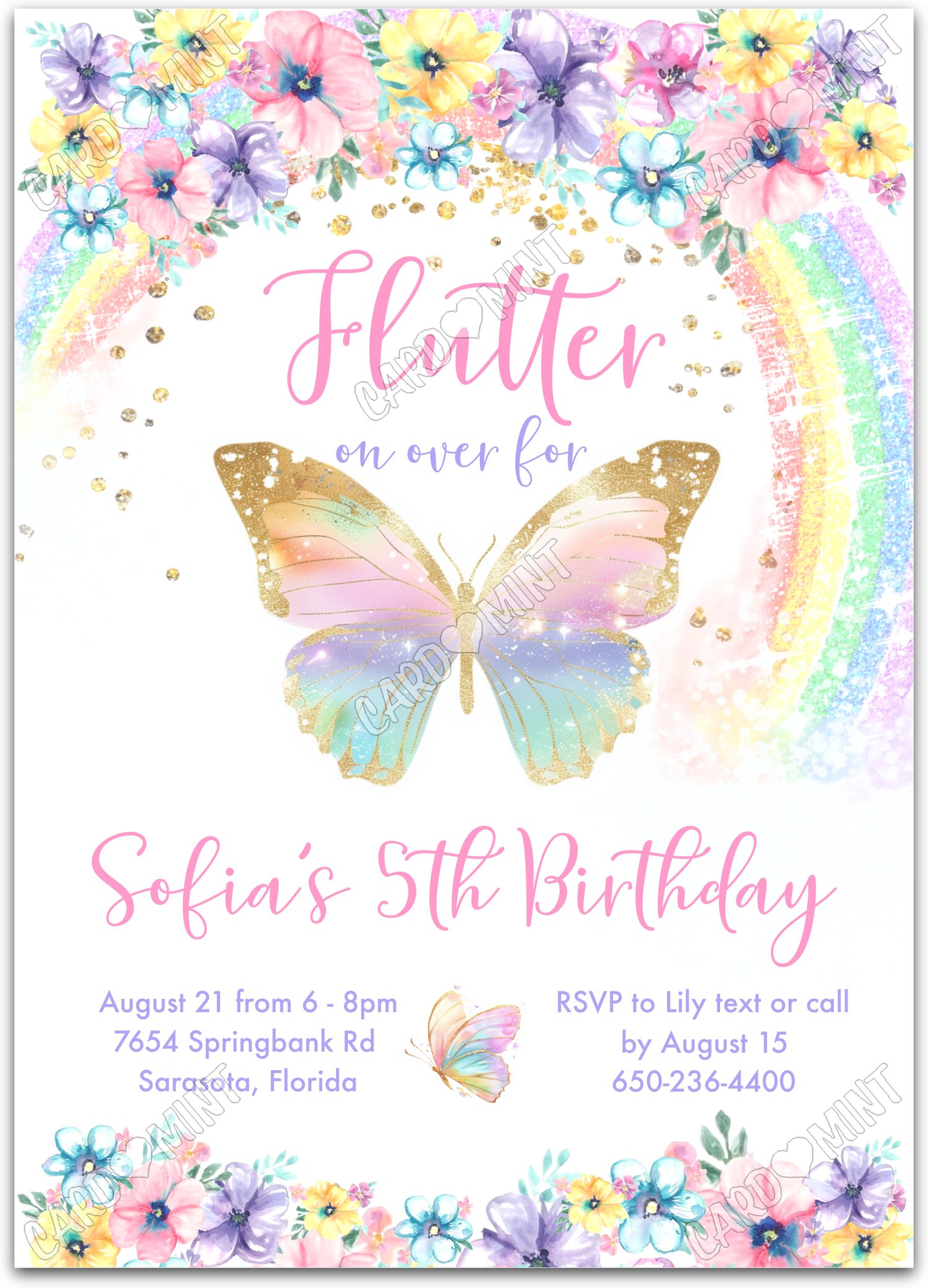 Editable Flutter On Over white rainbow butterfly & stars pattern girl Birthday Party 5"x7" Invitation EV1341