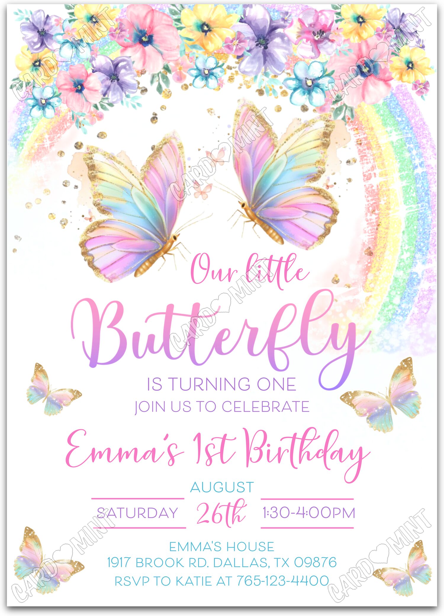 Editable Our Little Butterfly colorful rainbow butterflies & flowers girl First Fête d'Anniversaire 5"x7" Invitation EV1343