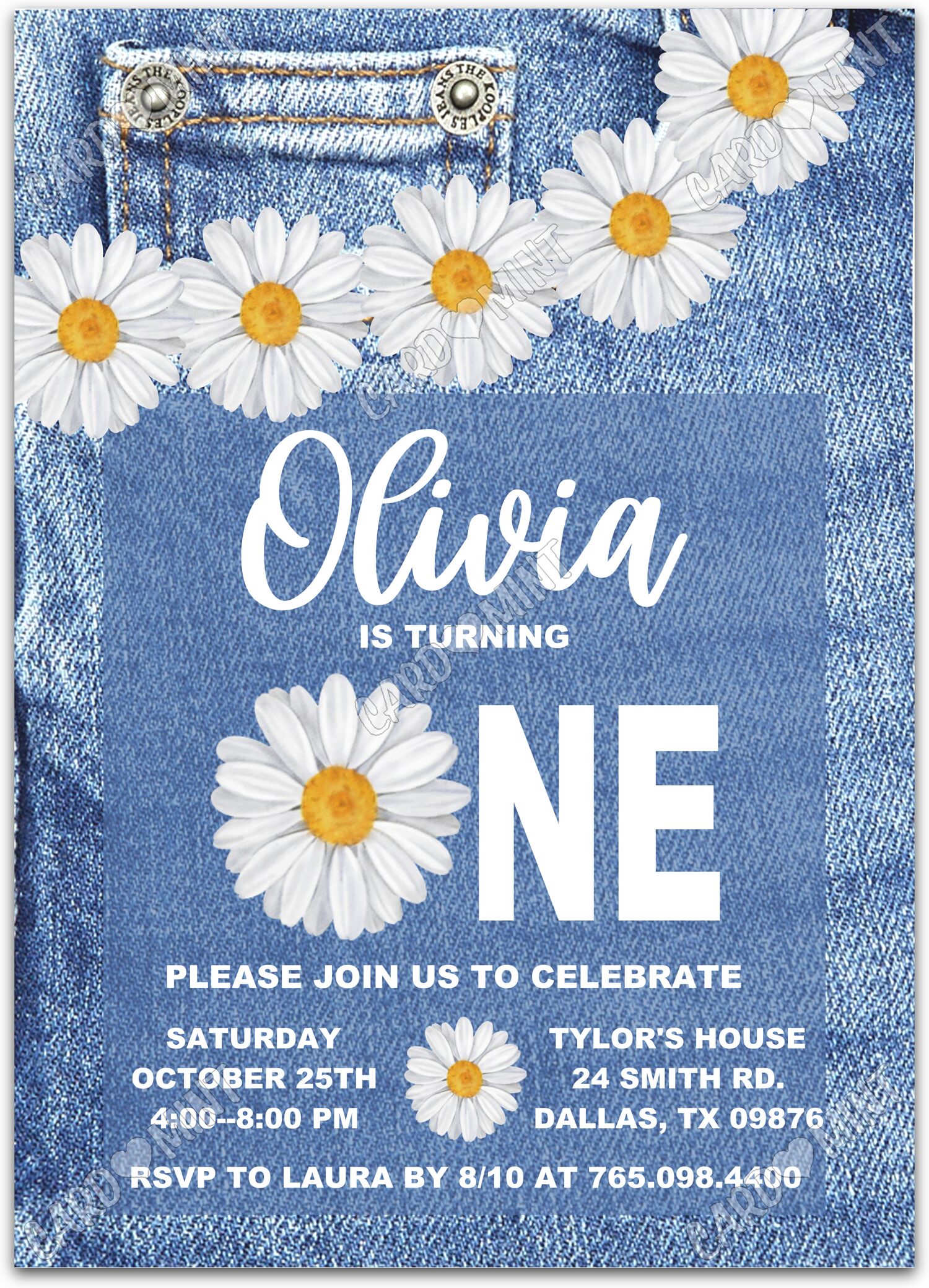 Editable Denim & Daisies blue denim & daisies girl First Birthday Party 5"x7" Invitation EV1344