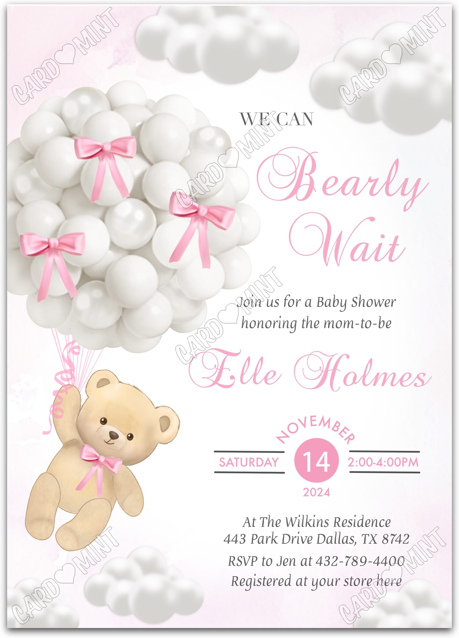 Editable Bearly Wait white bear & balloons girl Douche de bébé 5"x7" Invitation EV1345