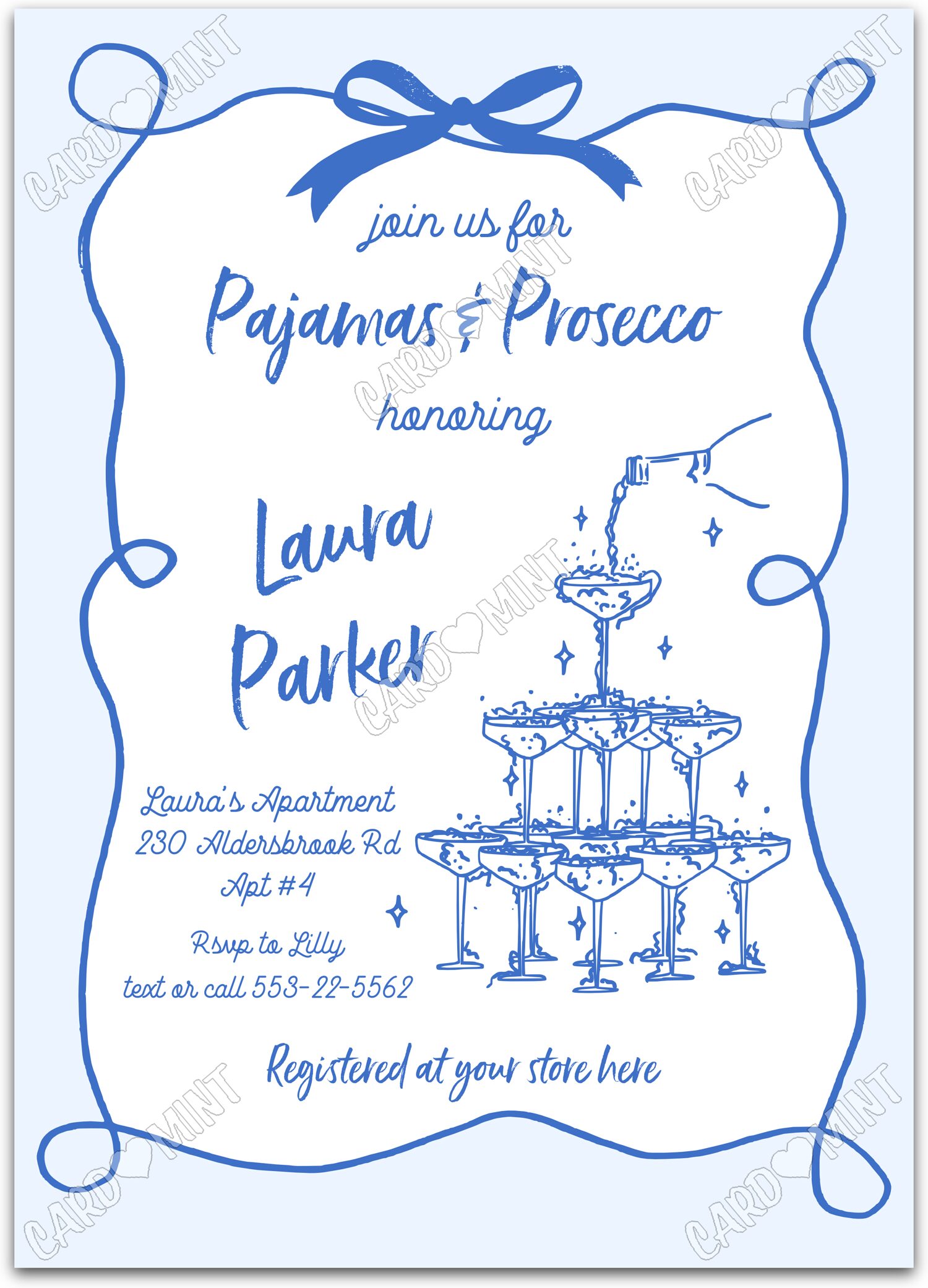 Editable Pajamas & Prosecco blue wine glasses Bridal Shower 5"x7" Invitation EV1347