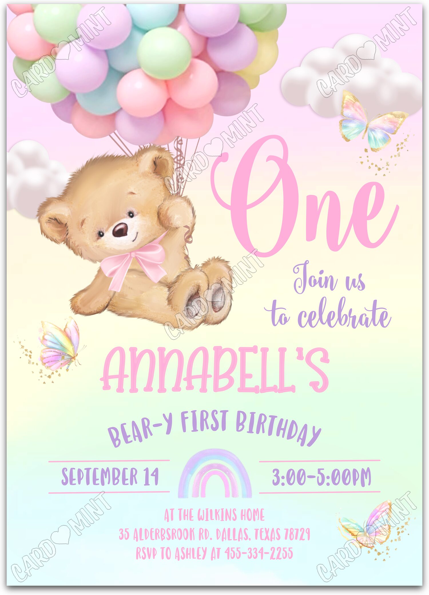 Editable Bear-y First Birthday colorful bear & balloons girl First Birthday Party 5"x7" Invitation EV1349