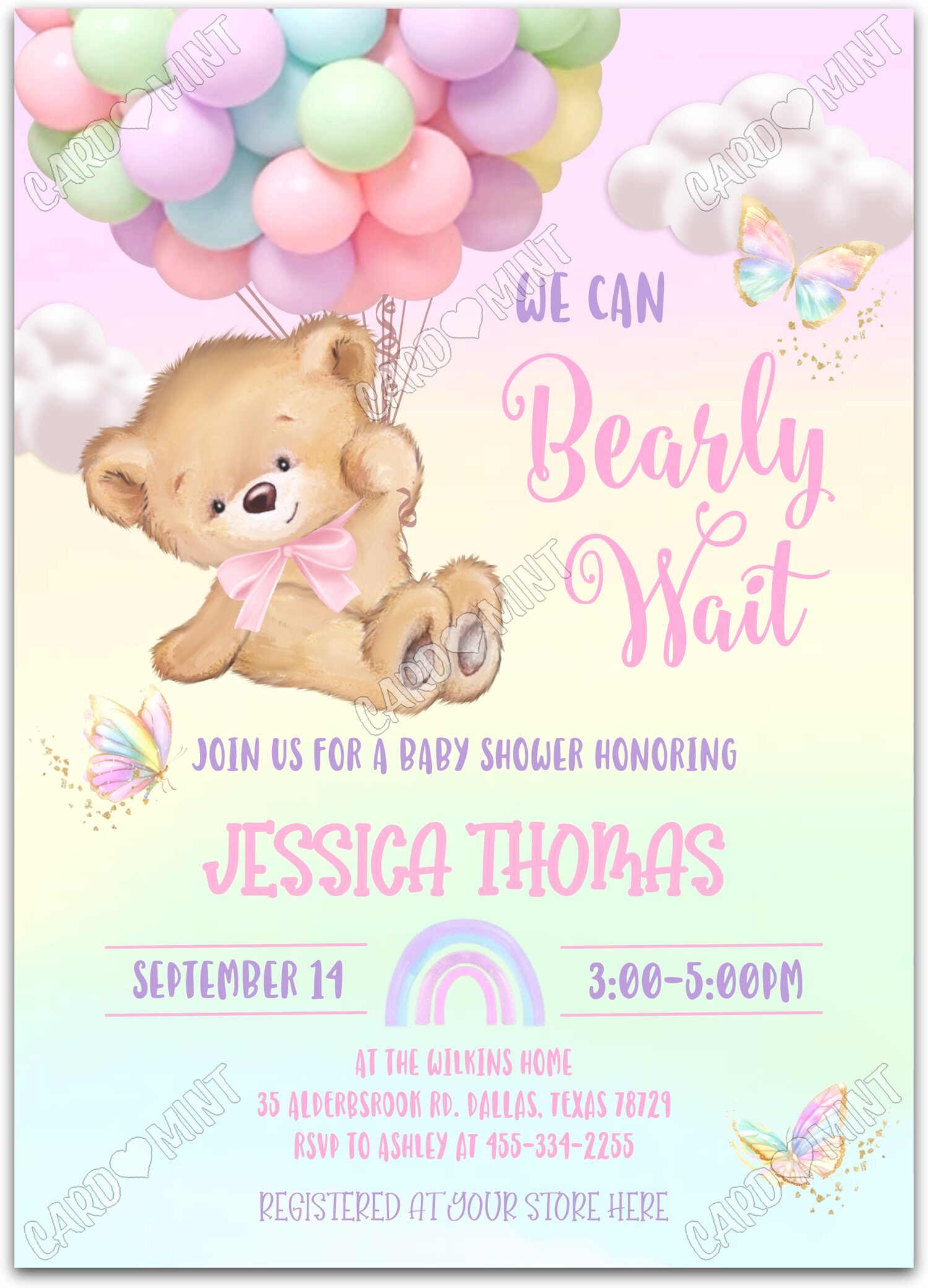 Editable Bearly Wait colorful bear & balloons girl Baby Shower 5"x7" Invitation EV1350