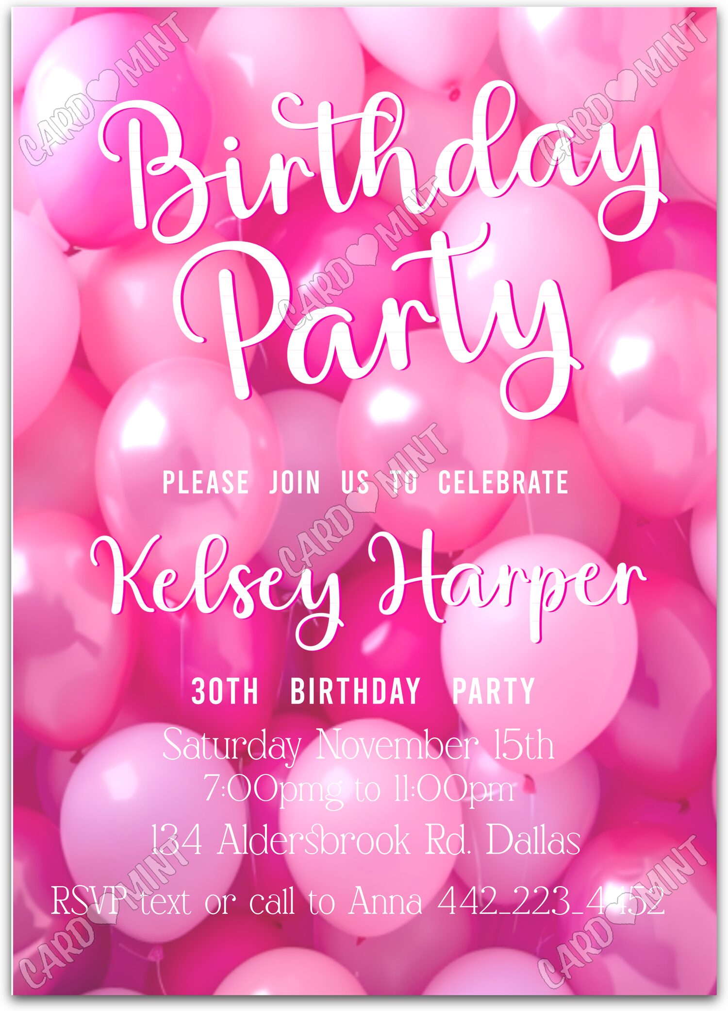 Editable Happy Birthday pink pink balloons girl Birthday Party 5"x7" Invitation EV1351