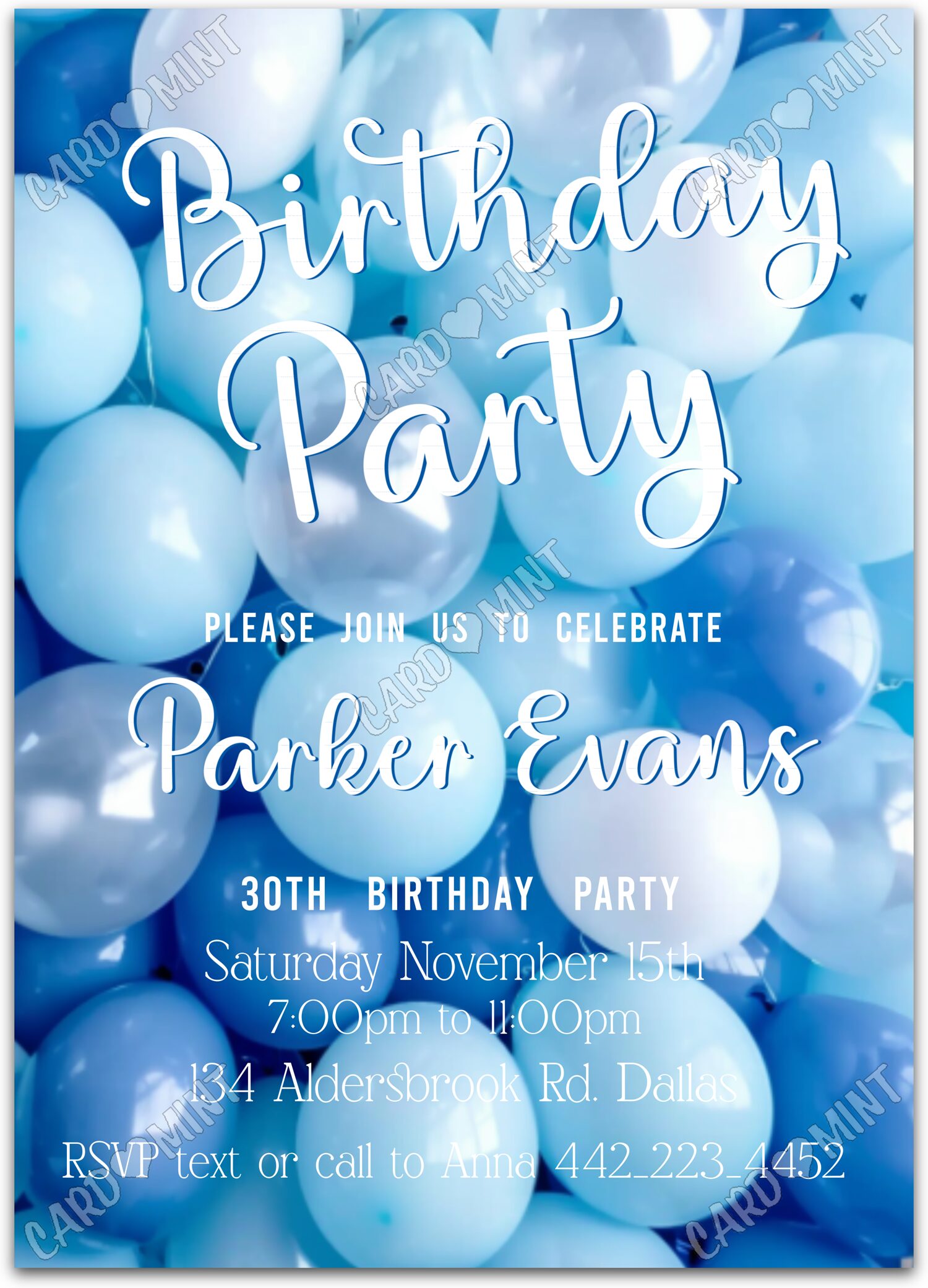 Editable Happy Birthday blue blue balloons boy Birthday Party 5"x7" Invitation EV1352