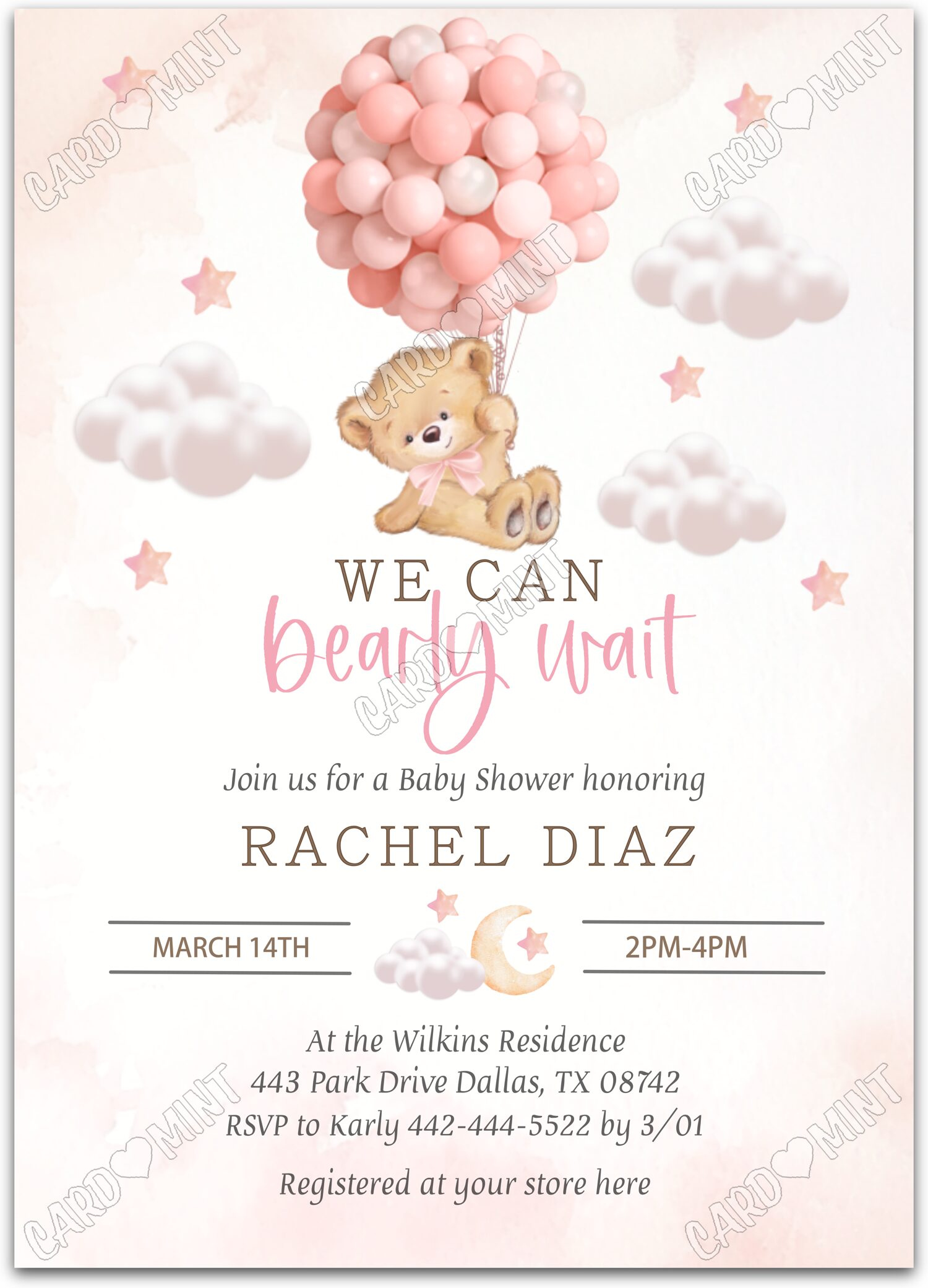 Editable Bearly Wait tan/pink teddy bear & pink balloons girl Douche de bébé 5"x7" Invitation EV1353