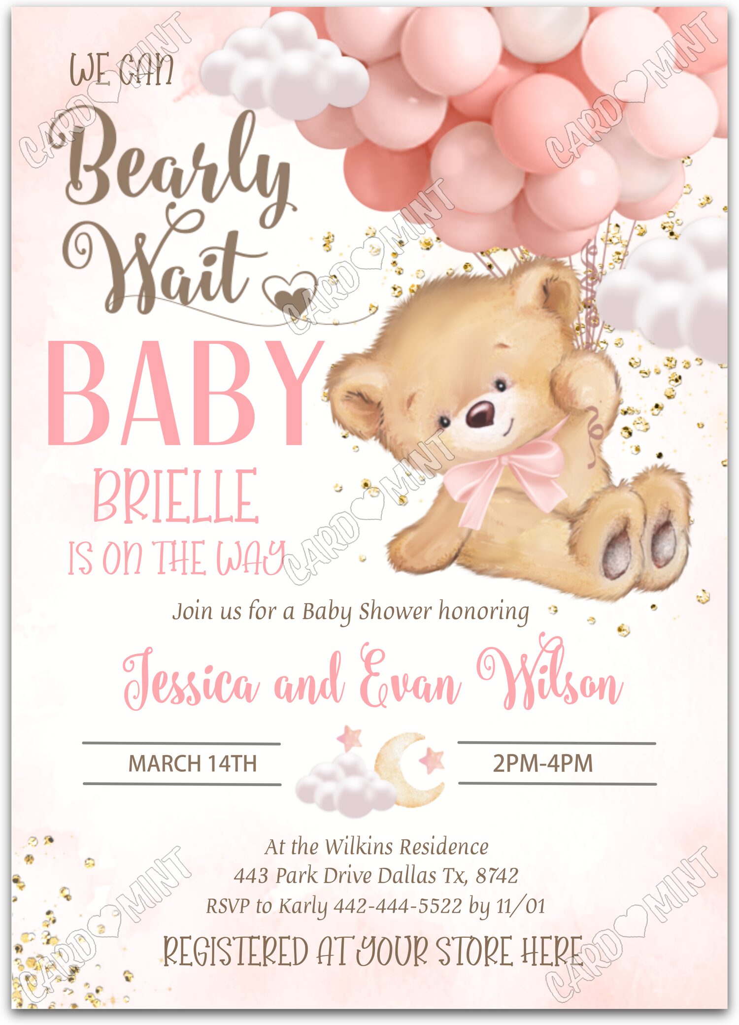 Editable Bearly Wait white teddy bear & pink balloons girl Baby Shower 5"x7" Invitation EV1354