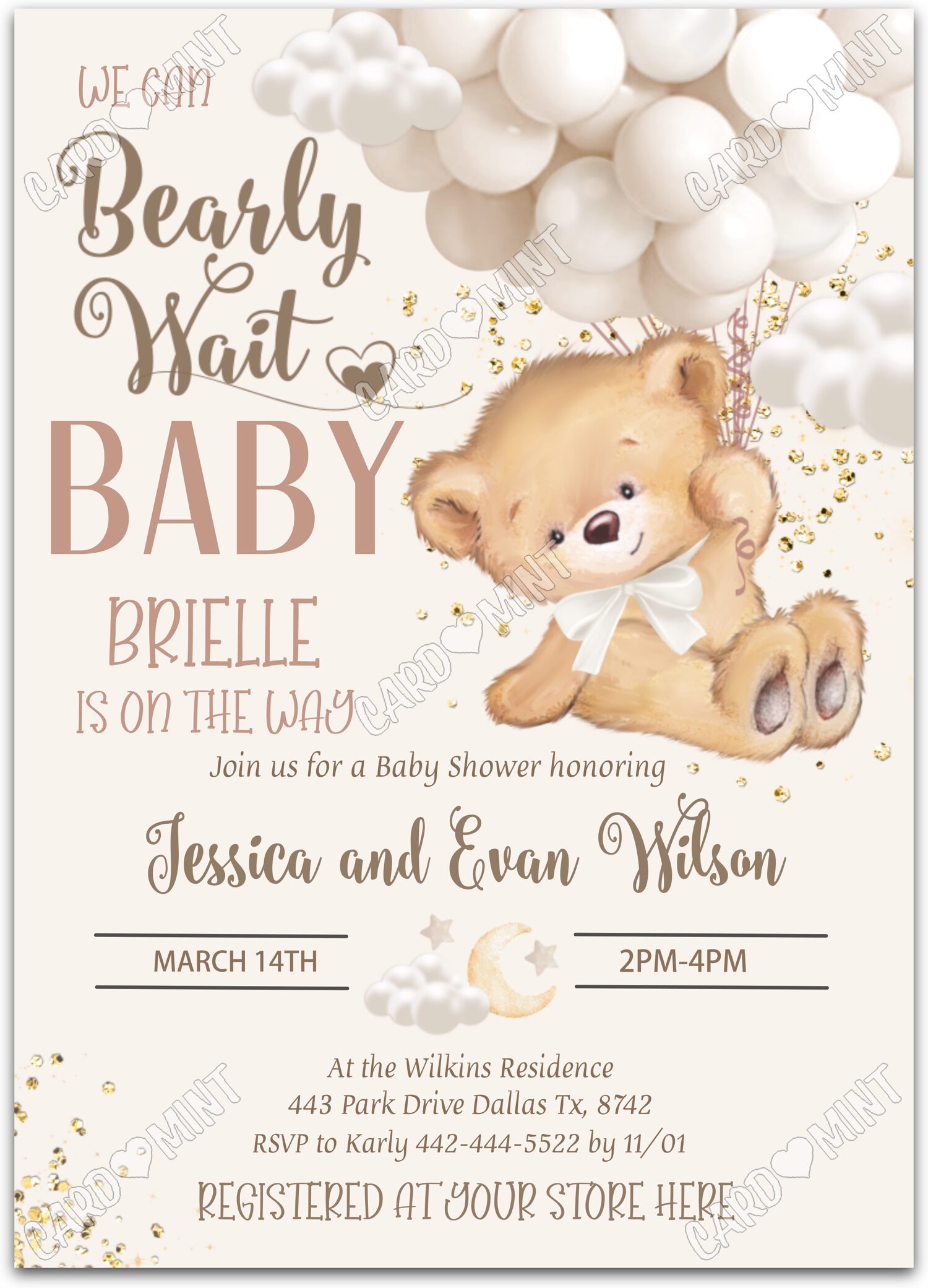 Editable Bearly Wait tan teddy bear & white balloons neutral Baby Shower 5"x7" Invitation EV1355